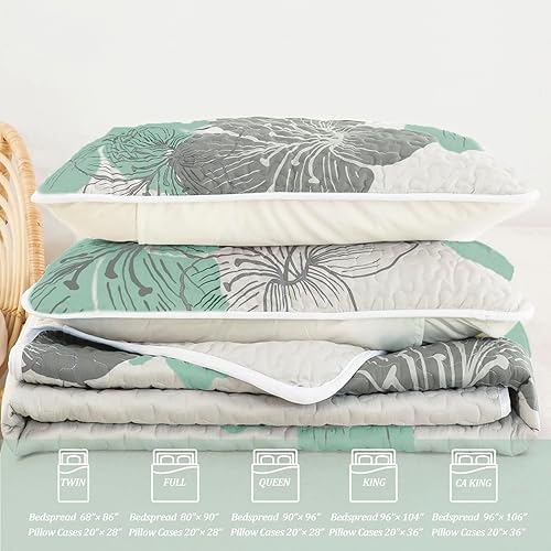 Miniatura 7 de DJY Juego de edredón de 3 piezas, tamaño California King, diseño floral, verde, elegante, bohemio, con 2 fundas de almohada, juego de edredón suave