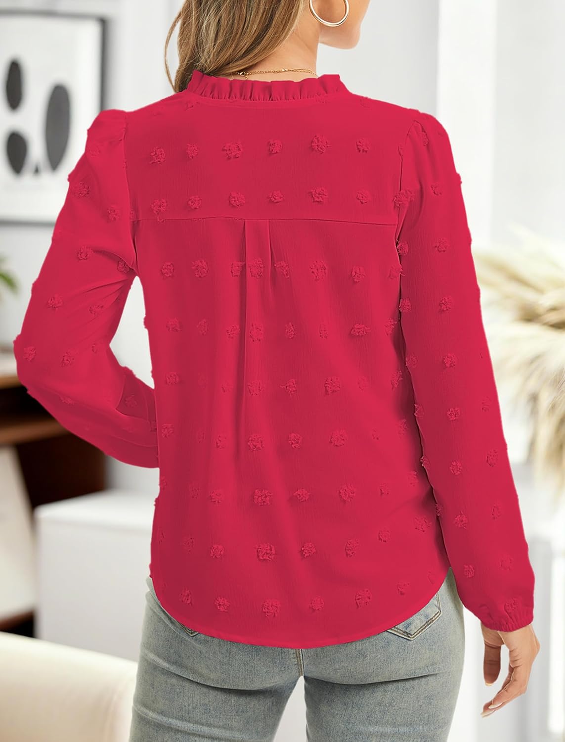 Womens Blouses Dressy Casual Long Sleeve Shirts V Neck Swiss Dot Business Work Tops 2026 Summer Tops S-XXL - Image 2