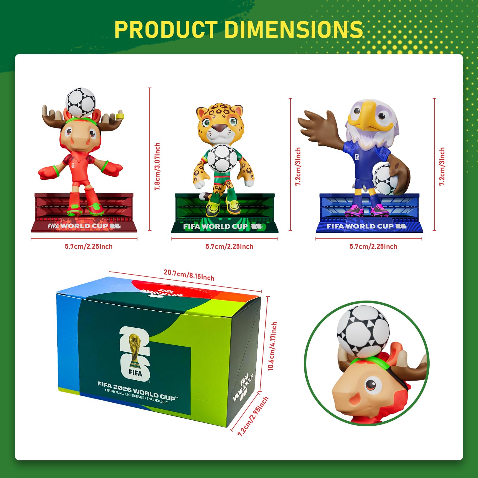 DICEKOO Ensemble mascotte de la Coupe du monde FIFA 2026 7,6 cm (érable, Zayu, pochette) | Style de football | Sous licence officielle | Figurines de collection, idée cadeau pour les fans et les