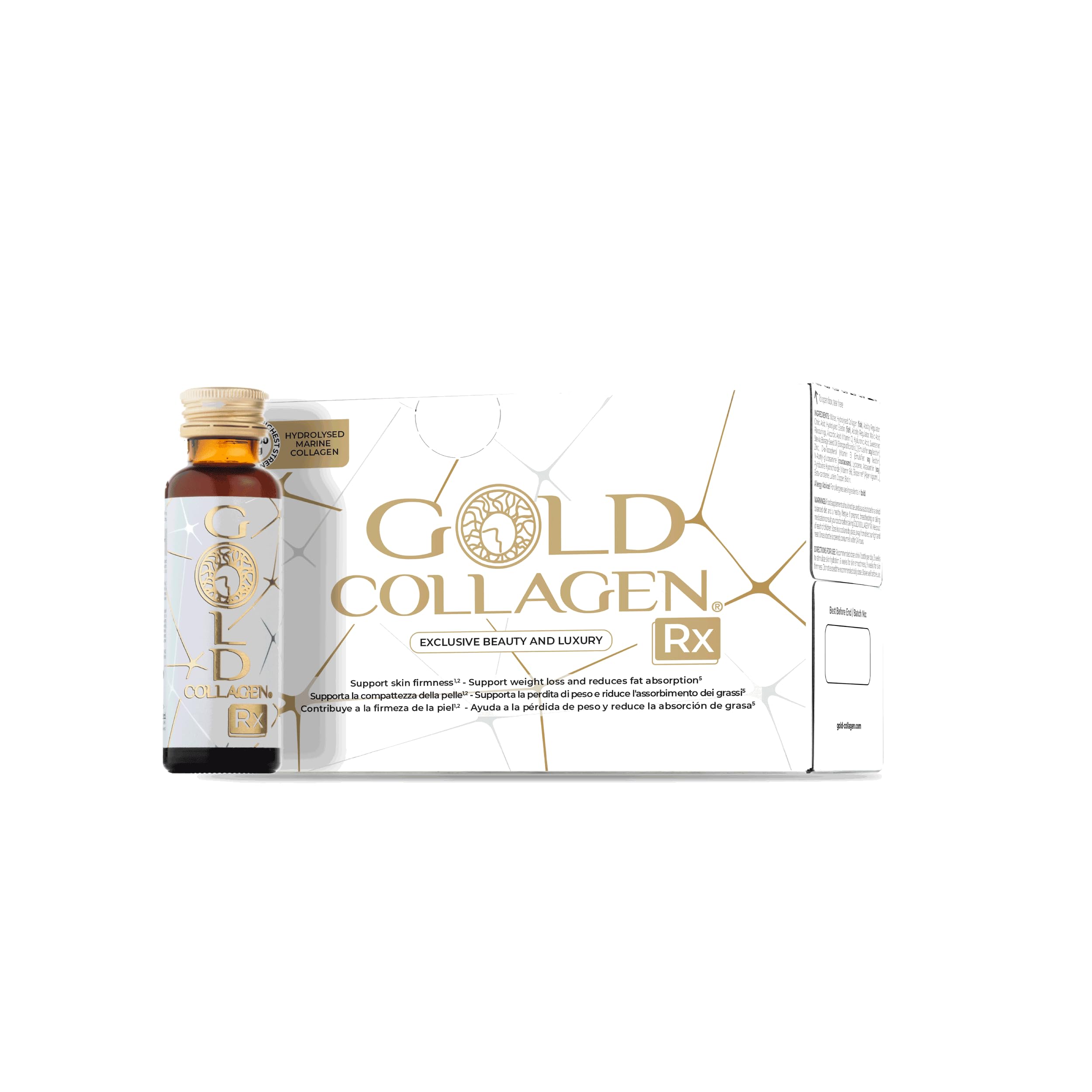 GOLD COLLAGEN RX – Integratore Liquido Collagene Marino con Acido Ialuronico, Vitamina C, E, B6, Biotina Capelli Pelle Unghie – Controllo e Perdita Peso, Antirughe e Antiossidante, 1 Pack 10x50ml