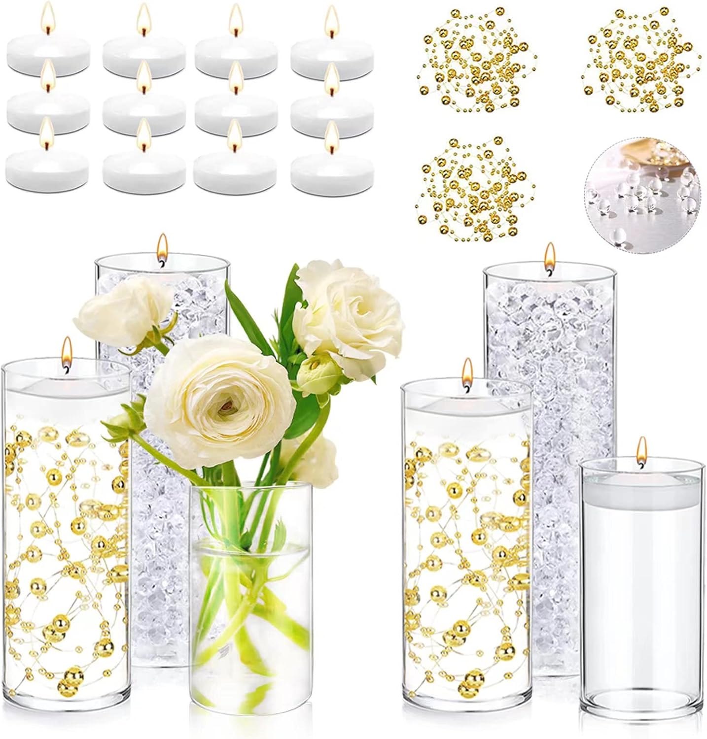 UDU 6 Set Glass Cylinder Vases for Centerpieces with 40000 vase Filler 12 White Floating Candles 3 Pearl String for Wedding Party Home Table Decoration