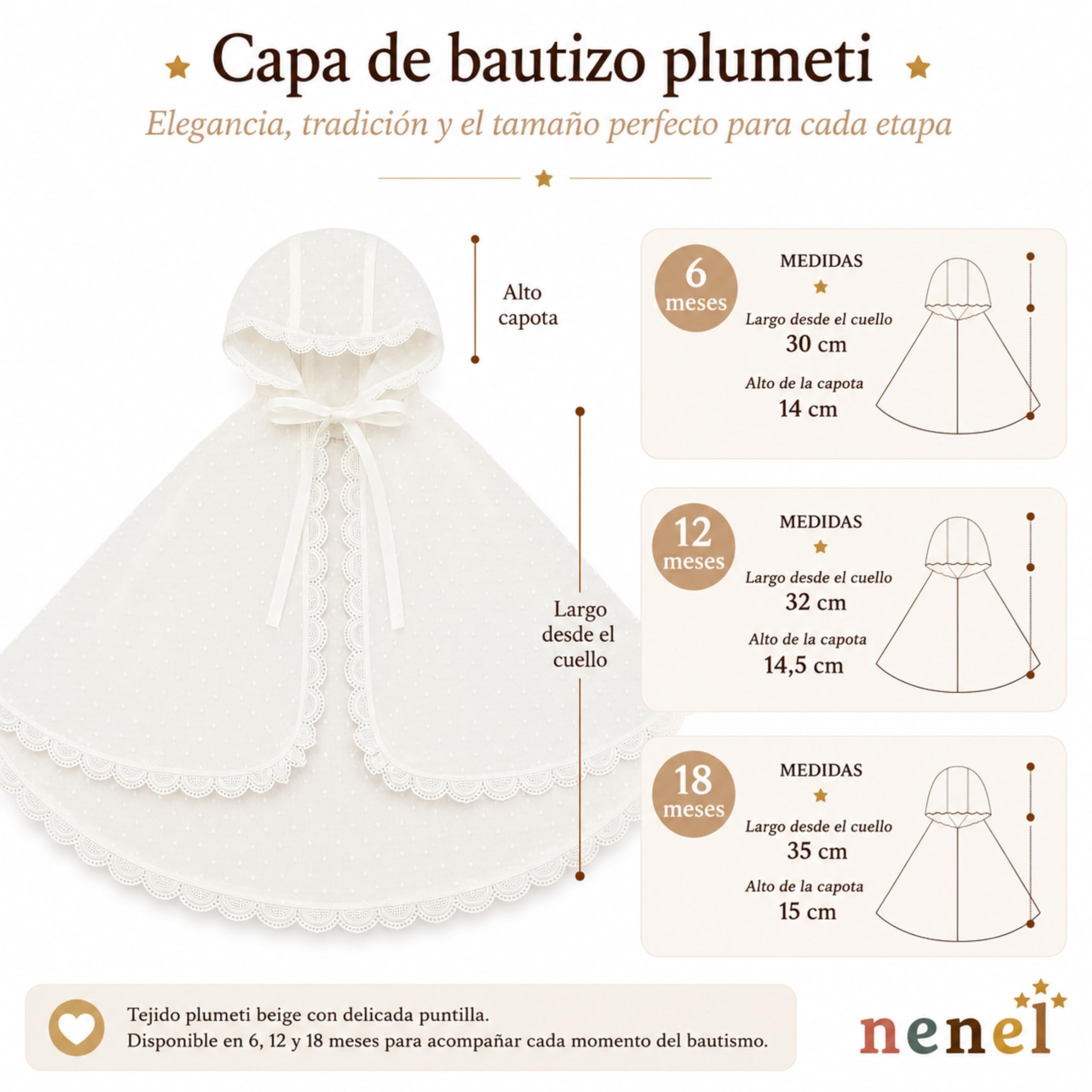 Nenel | Kit de Bautizo Personalizado con Capa Bautismal, Vela y Paño Bordado Plumeti | 6, 12 y 18 Meses | Regalo Original Bautismo con Nombre y Fecha Bordados