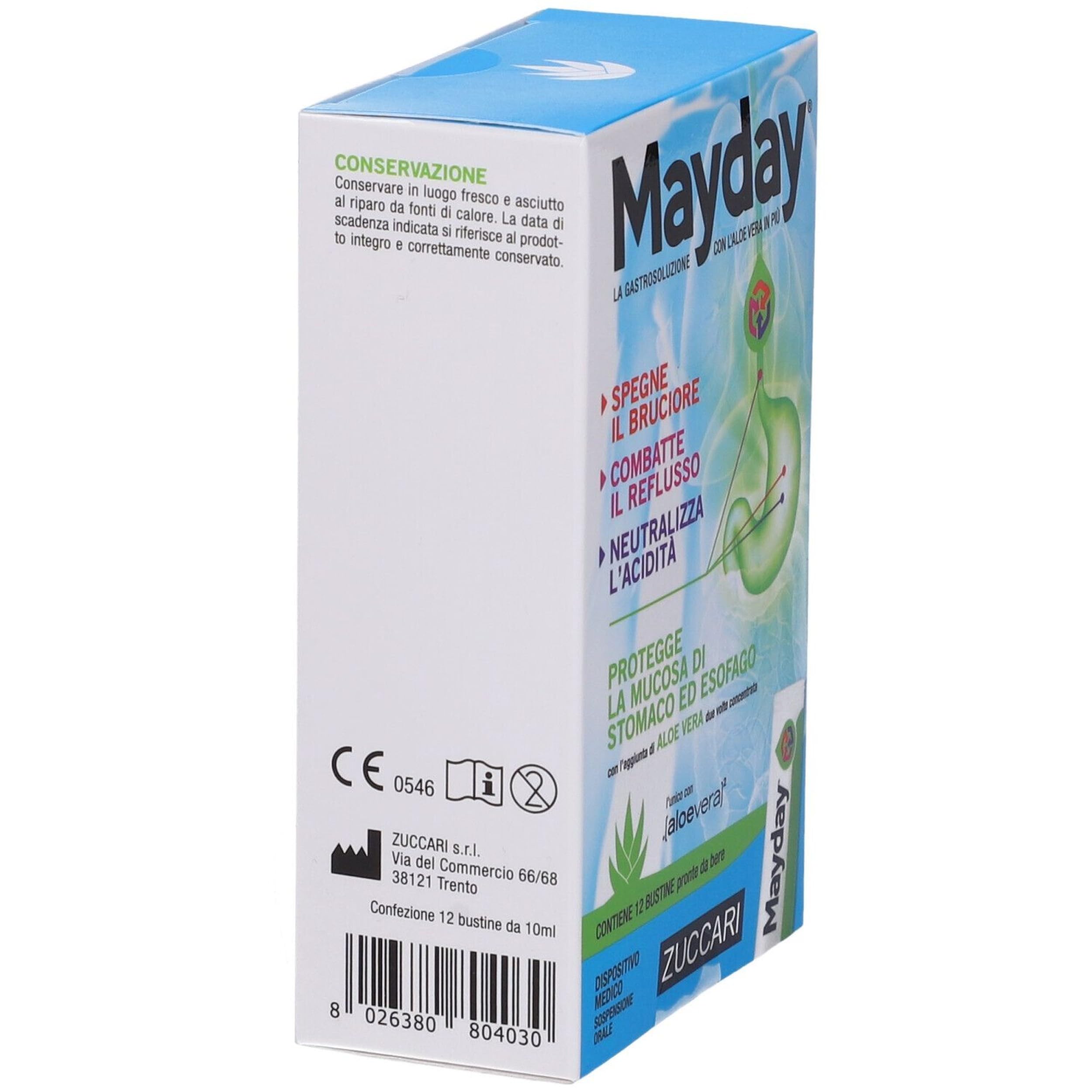 Zuccari Mayday Gastrosolution Lot de 12 bâtonnets de 10 ml avec double concentration d'aloe vera, alginate de sodium et bicarbonate de sodium, soulagement du reflux gastro-œsophagien et de