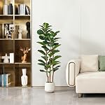 Artificial Fiddle Leaf Fig Tree with White Planter, 5ft Tall Fake Tree with Natural Wood Trunk for Home Decor, Faux Ficus Tree Fake Moss for Indoor Office Living Room