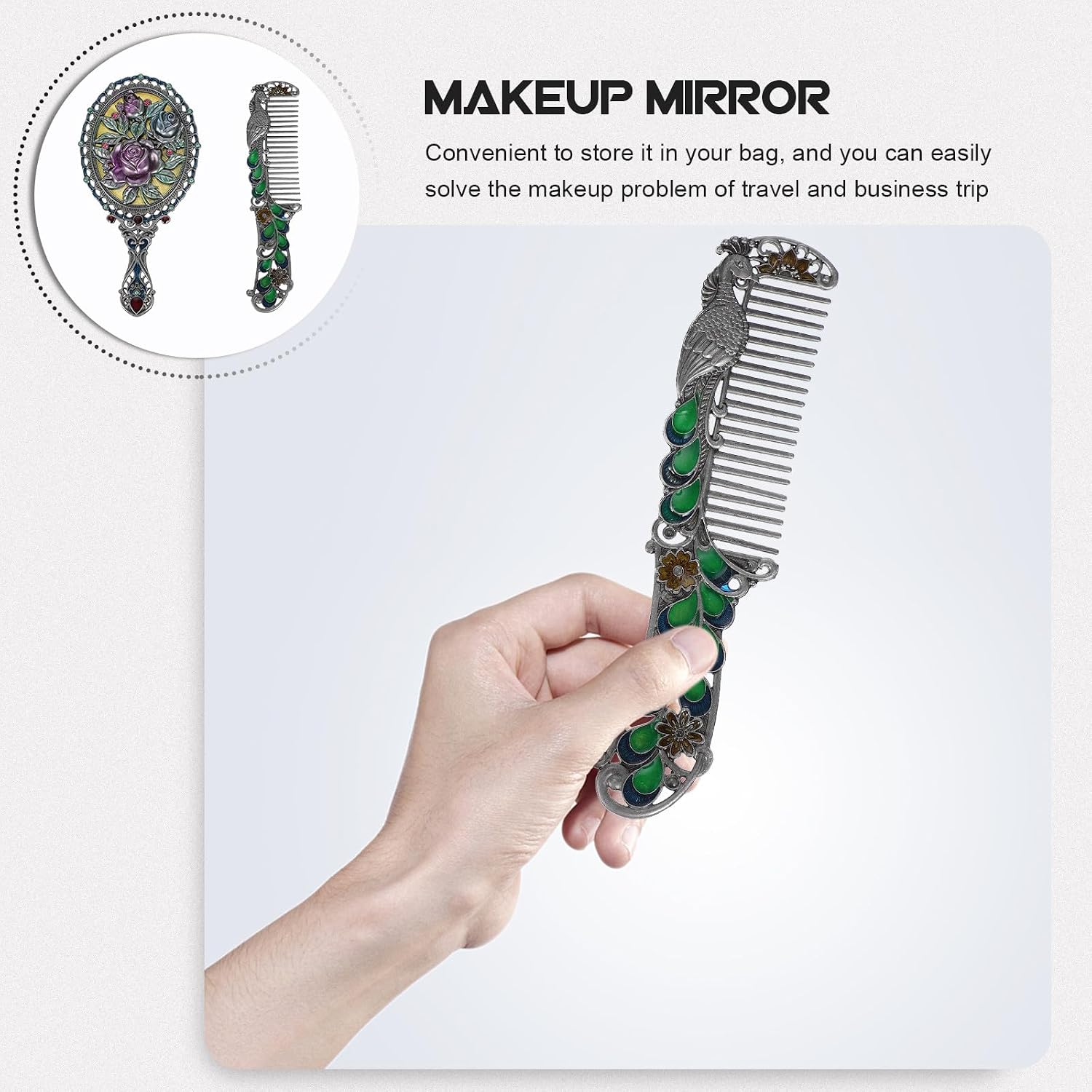 Didiseaon Vintage Handheld Mirror and Comb Set Mini Portable Makeup Mirror with Rose Handle for Women Outdoor Cosmetic Accessory Random Color image 5