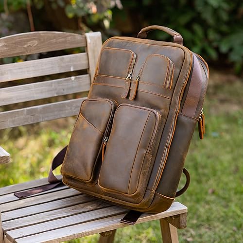 Miniatura 3 de Mochila de cuero de grano completo para hombres, mochila de viaje para laptop de 17.3 pulgadas, mochila con múltiples bolsillos con cremalleras YKK,