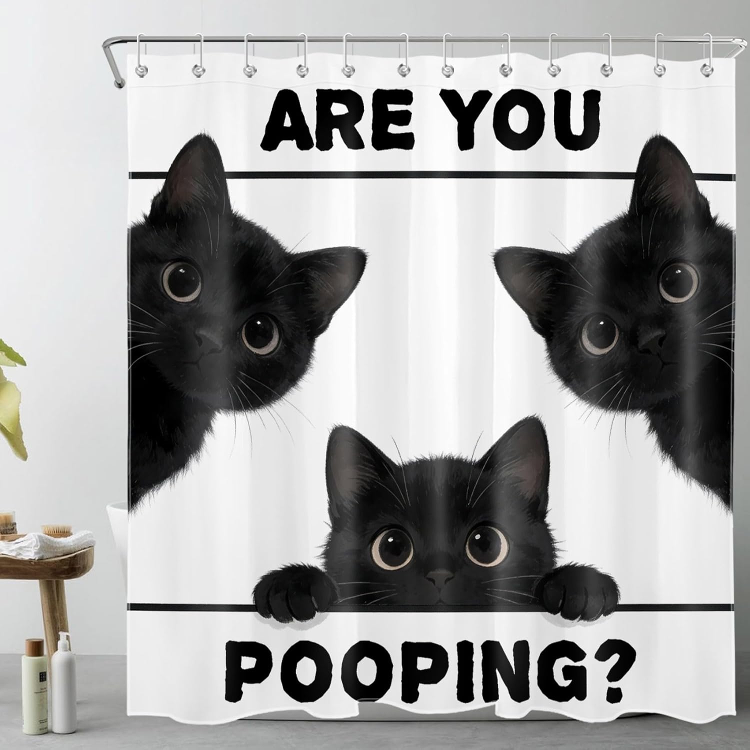 LB Funny Cat are You Pooping Shower Curtain for Bathroom,Fun Funny Animal Cute Black Cat Extra Long Shower Curtain with Hooks,Farmhouse Black and White Bathroom Curtain Shower Set, 72" W x 78" L