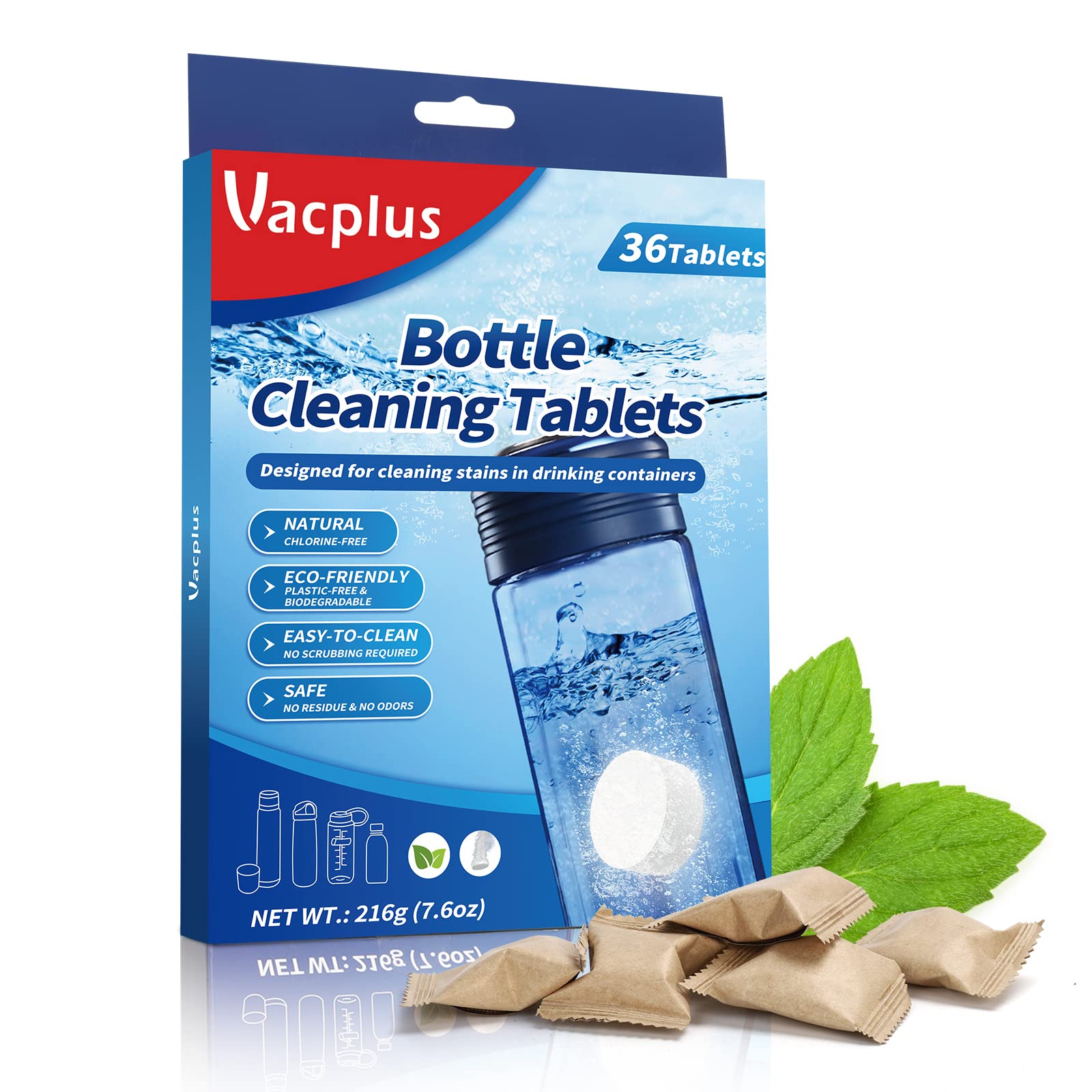 Vacplus Water Bottle Cleaning Tablets, Efficient Water Bottle Cleaner Tablets, Biodegradable&Odor-Free Coffee Cup Cleaner Tablets, Natural Stainless Steel Cup Cleaners, Individual Package, 36 Tablets