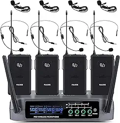 UR-408 Sistema de microfone profissional sem fio de 4 canais com 4 microfones de lapela e 4 fones de ouvido, ideal para festa em casa, cantar, karaokê, reunião, igreja, evento, TV