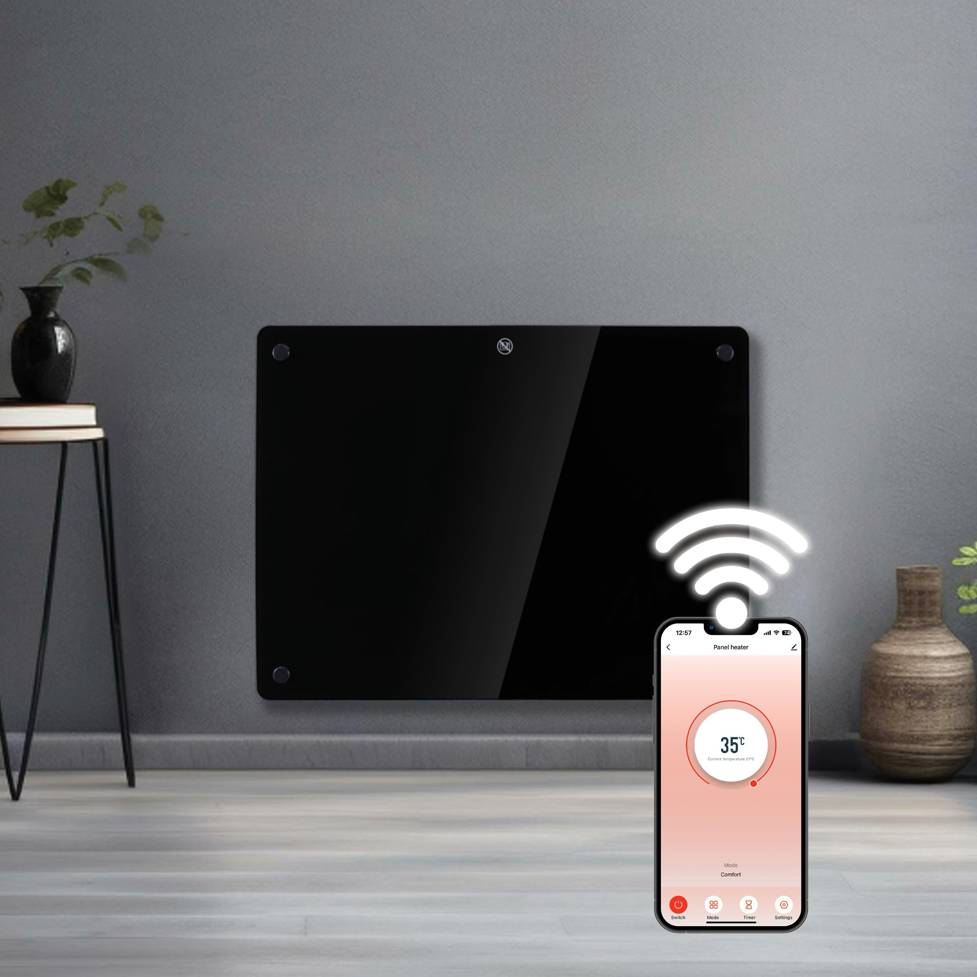 Futura 1000W Black Glass WiFi Smart App Control Electric Radiator Heaters for Home, Bathroom Safe Electric Heater Setback Timer Lot 20 & Advanced Thermostat Control Wall Mounted or Floor Standing