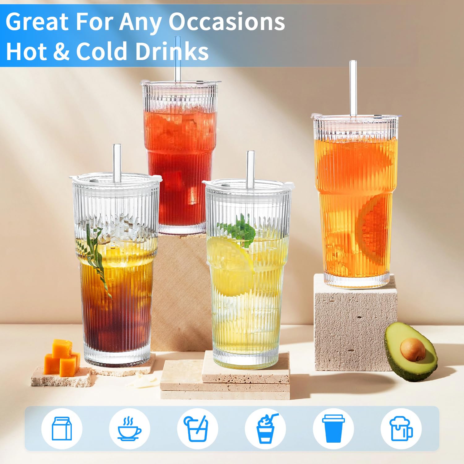 Juego de 2 Vaso Cristal con Tapa y Pajita, Vaso Matcha, Taza de Agua Sello, Tazas de Café Helado, Taza de Viaje de Vidrio pare Café, Batidos, Jugo, Cócteles, Cerveza - 600ml (Transparente)