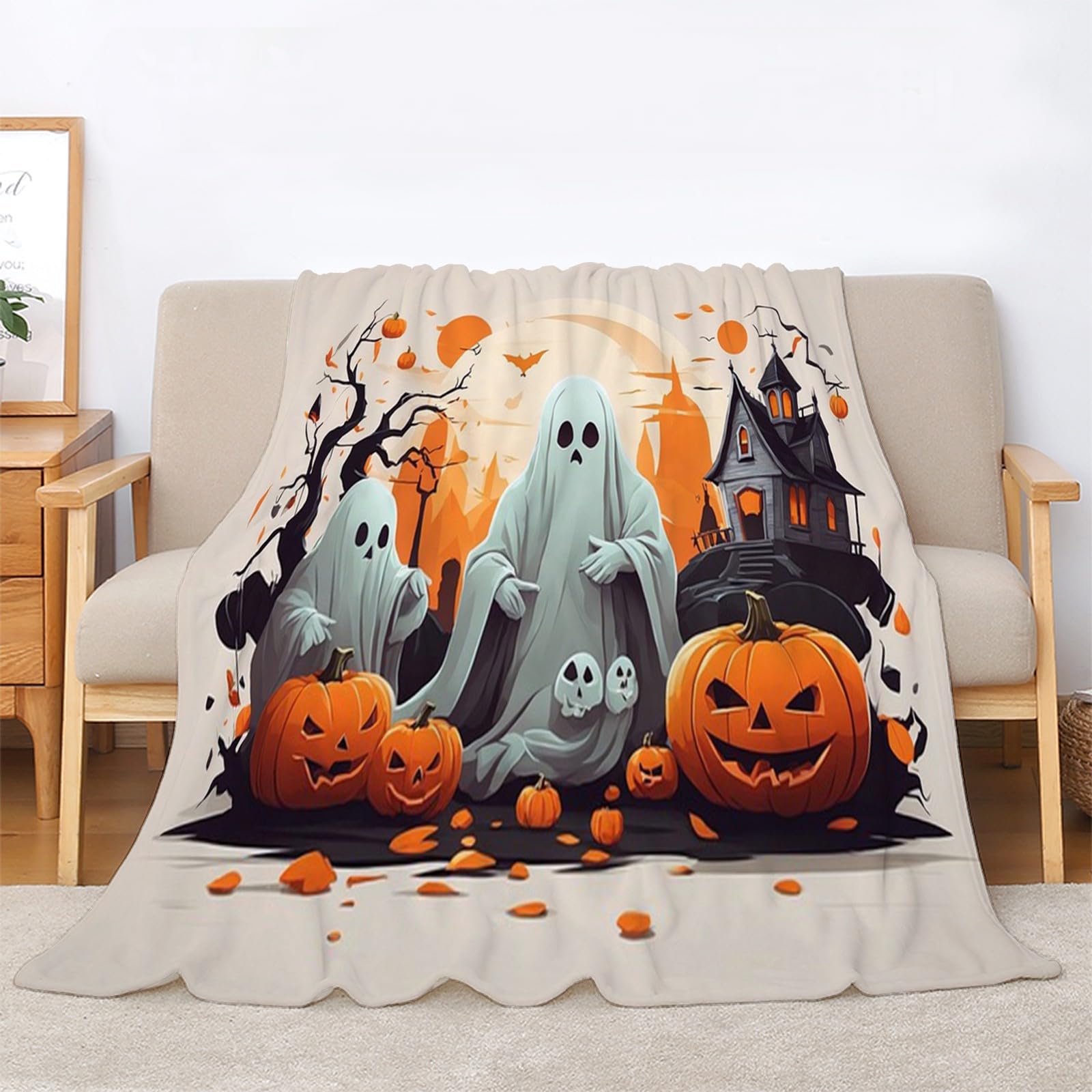 Générique Duży rozmiar straszny koc z dyni, koc polarowy na Halloween, miękki i puszysty koc flanelowy, odpowiedni do łóżek i sof (220 x 240 cm) AL1368
