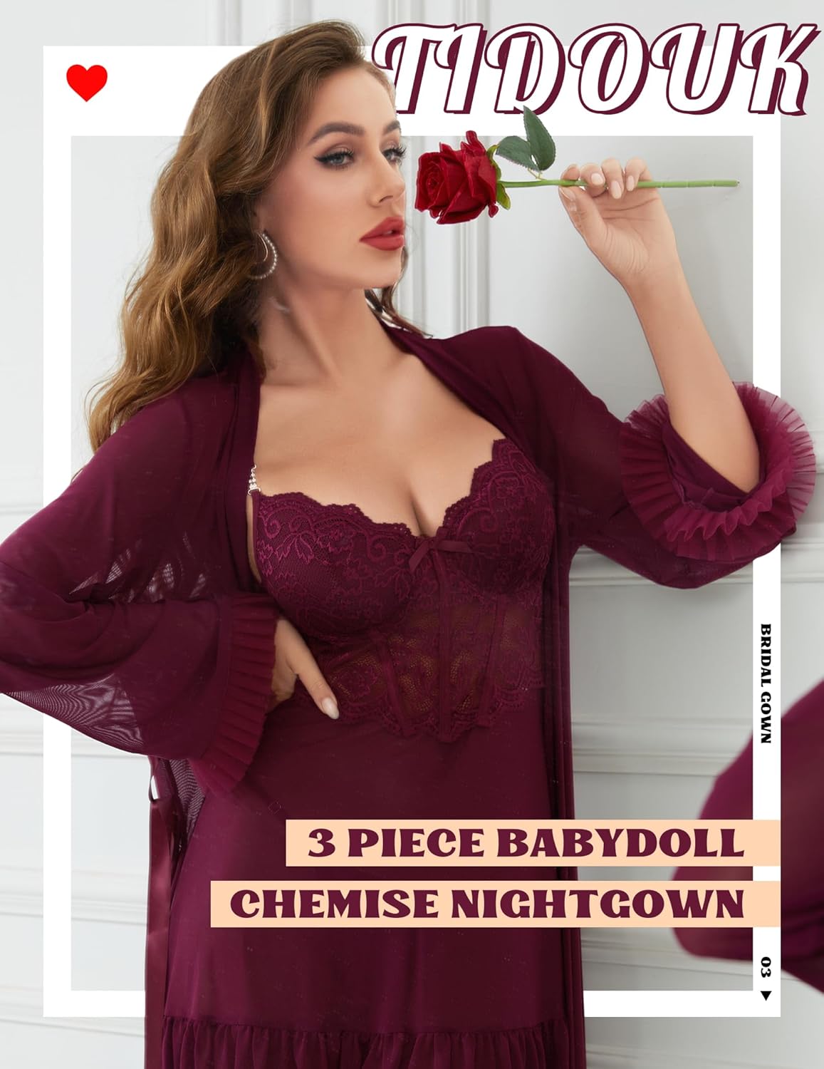 Women Sexy Lingerie Set, 3 Piece Babydoll with Mesh Kimono Robe & Lace Panty, Lace Trim Teddy Chemise Nightwear - Image 4
