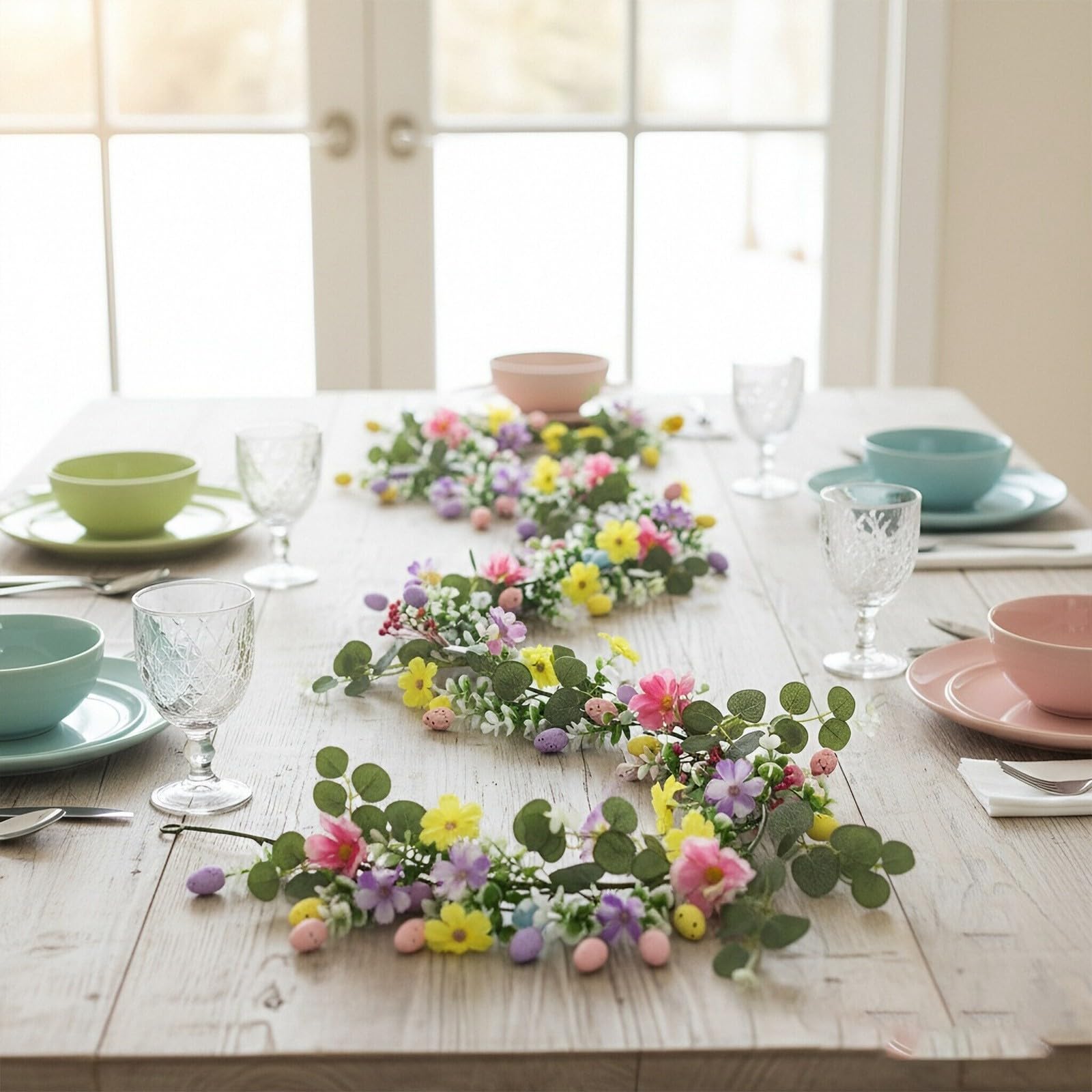 Ostergirlande mit pastellfarbenen Eiern und künstlichen Blättern, Frühlingsdekoration für Kaminsims, Kamin, Tischdekoration, Innen- und Außenbereich, Heimparty-Dekoration