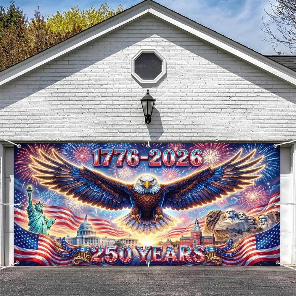 NYMB 8X6ft American 250th Anniversary Garage Door Cover, 4th of July Decorations 1776-2026 USA 250th Birthday Decorations Independence Day Garage Door Background for Outdoor Indoor Home Wall Decor