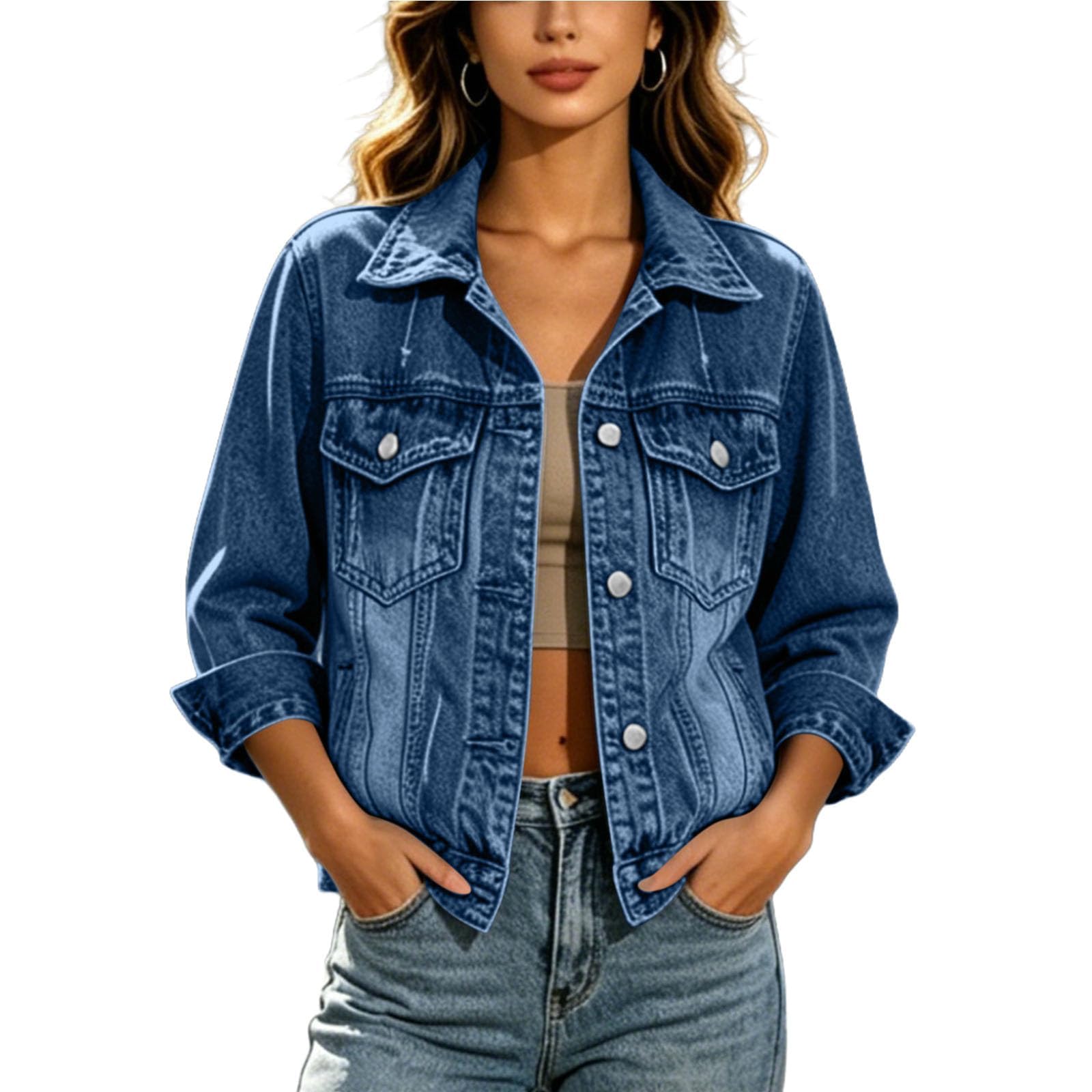 Generisch Jeansjacke Damen Kurz Übergangsjacke Vintage Jacket Reverskragen