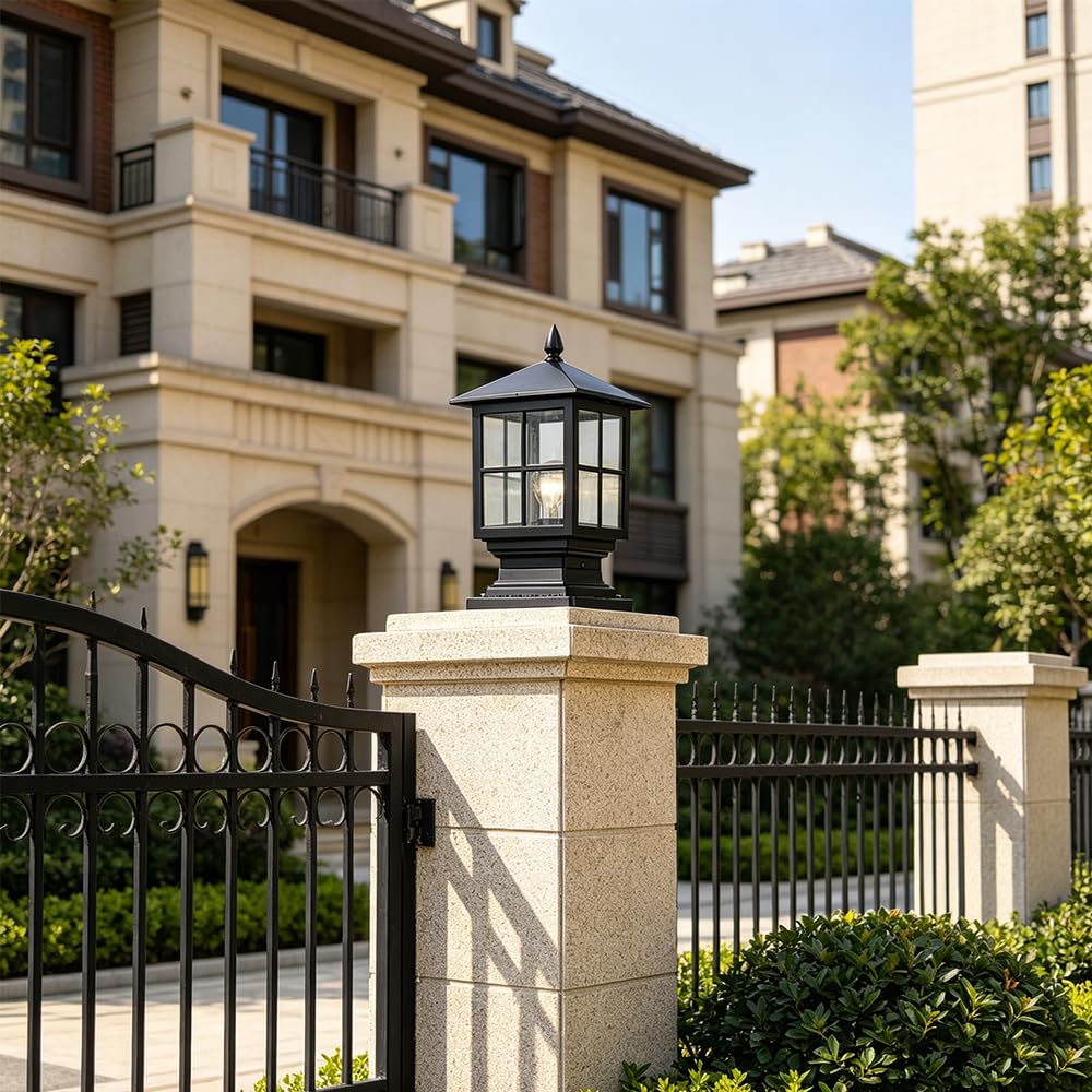 Exterior Luz de Poste de Jardín Pilar de Luz Impermeable IP65 Pedestal Impermeable Pantalla Vidrio Lámpara de Columna Lámpara de Pilar E27 Farolas Faros de Columna para Jardín, Patio (Negro)