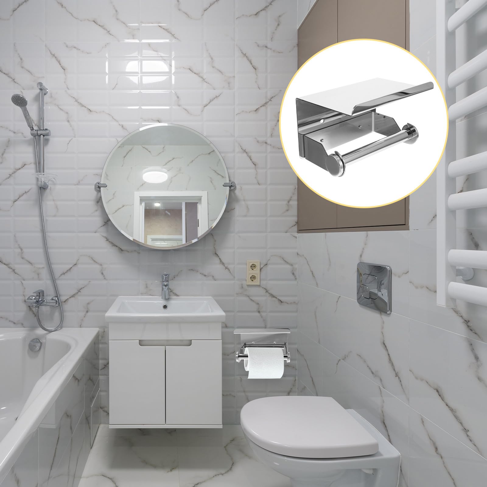 Portarotolo con Ripiano Argento in Acciaio Inox di Carta Igienica | Portarotolo di Carta Igienica con Ripiano, Design con Mensola, Antiruggine, per Bagno di Casa e Hotel