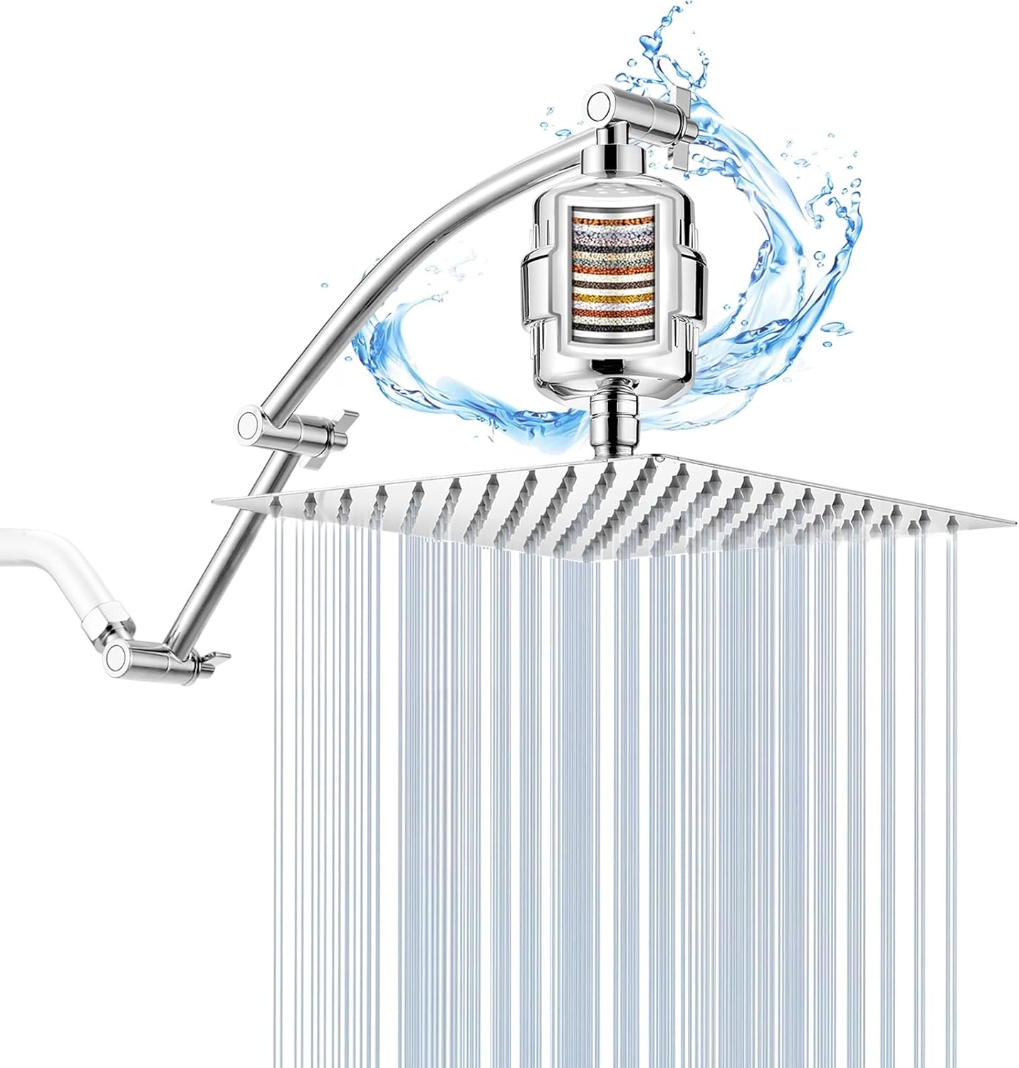 Shower Head with Filters, Stainless Steel Rain Filtered Shower Head, High Pressure Shower Head with 16" Shower Extension Arm - 20 Stage Shower Filter for Hard Water - 10" Silver