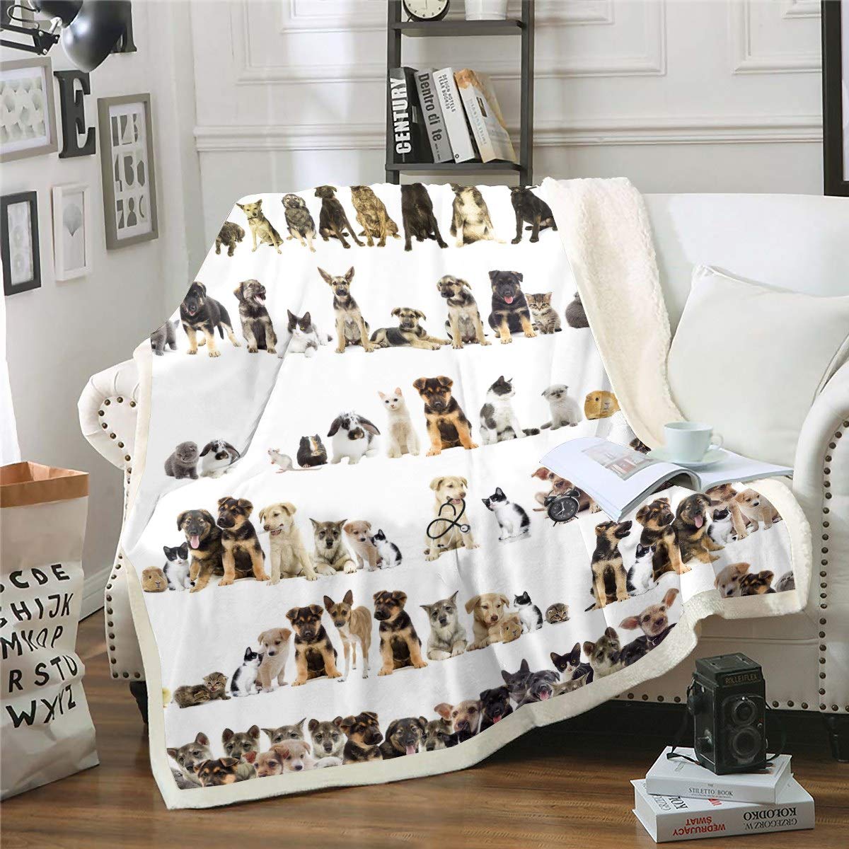 Manta Sherpa con Estampado de Perro, Bonita Manta de Gato para sofá, Cama, sofá, Manta de Forro Polar con temática de Animales 3D, Ultra Suave, decoración de patrón de Mascotas, Perros, Gatos, Manta