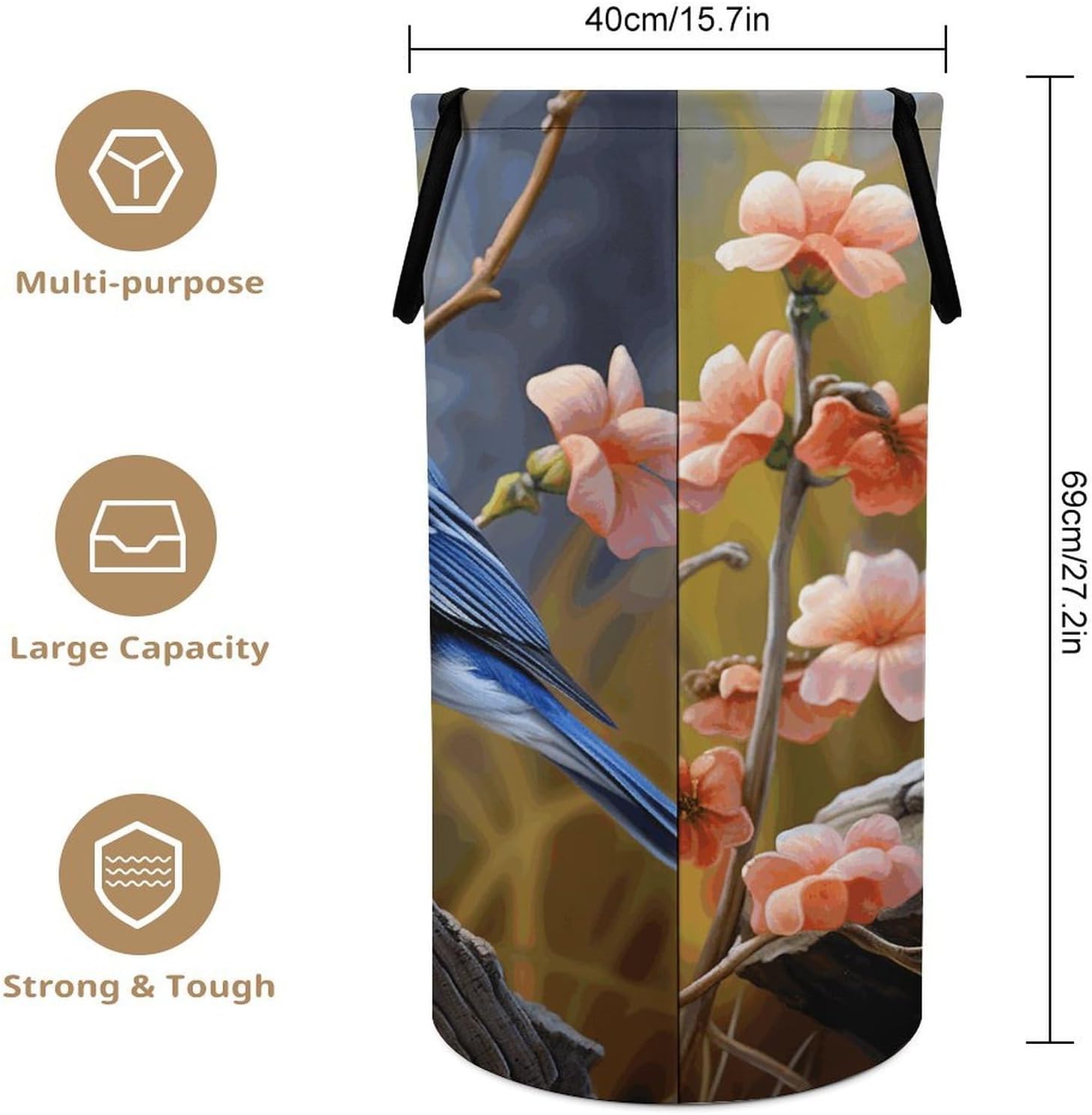 Eastern Bluebird Laundry Hamper with Handles Waterproof Collapsible Laundry Basket Large Lightweight Round Dirty Clothes Hamper for Home Dorm Bathroom Decor