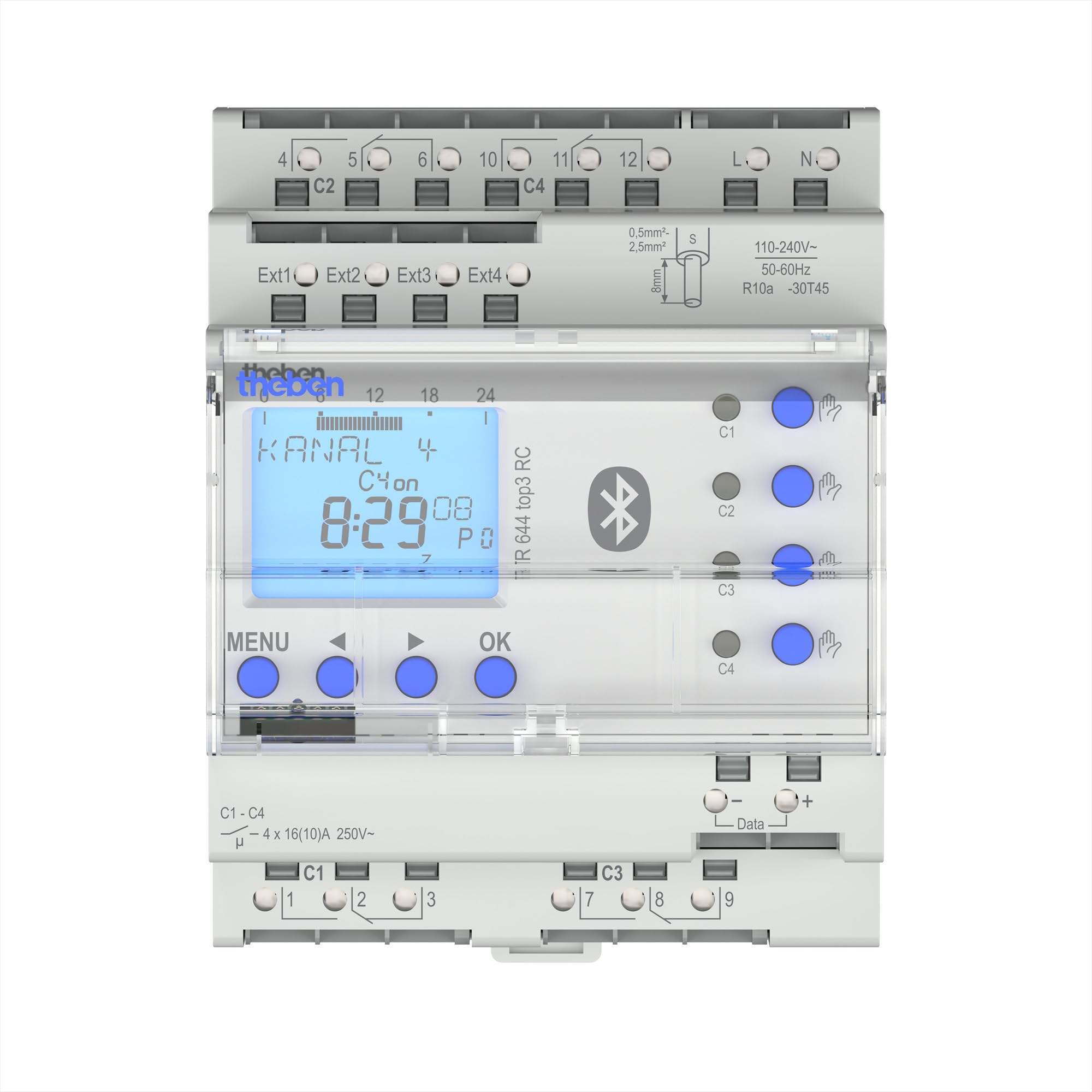 Theben 6440330 TR 644 top3 BLE RC Jahres-Zeitschaltuhr 4-Kanal Astro | 600 W LED, 10 Jahre Gangreserve, +/-0,5 s/Tag oder DCF/GNSS Antenne, 800 A/200 µs, 4 ext. Eingänge, Bluetooth/App, 800 Plätze