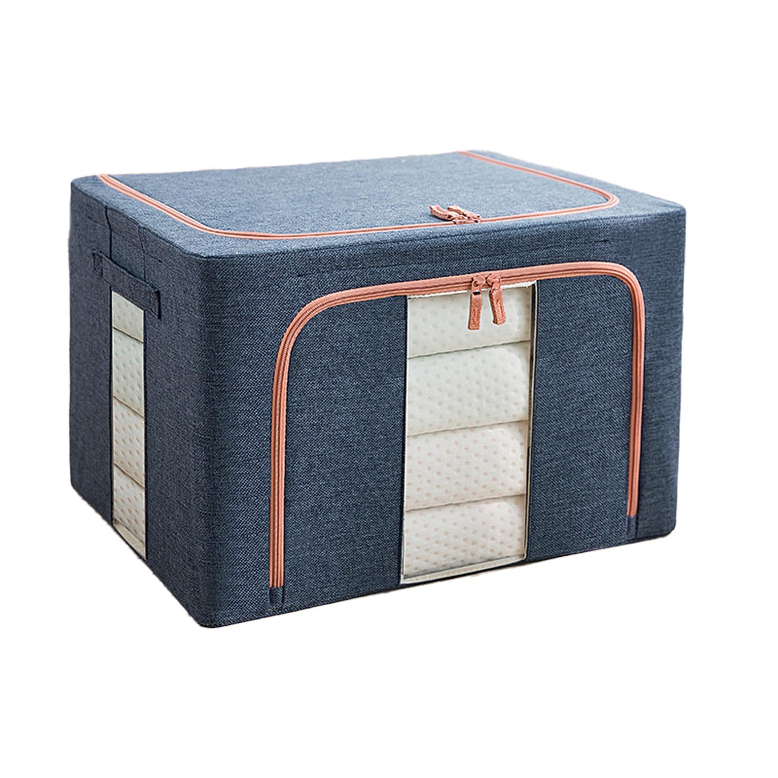 RPS-IND 3Pack，(navy blue 66L) Foldable Clothes Storage Containers Bins, Steel Frame Structure, Oxford Cloth, Transparent Window and Reinforced Hand。Fabric Storage Bins，Storage Bins with lids