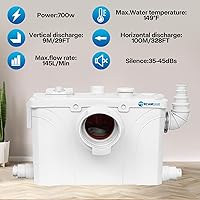 Vista 5 de Inodoro macerante con bomba maceradora de 700 W, tubo de extensión y cuenco redondo, para fregadero de cocina, baño, lavandería, inodoro ascendente