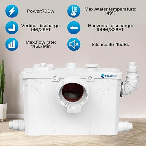Miniatura 5 de Inodoro macerante con bomba maceradora de 700 W, tubo de extensión y cuenco redondo, para fregadero de cocina, baño, lavandería, inodoro ascendente