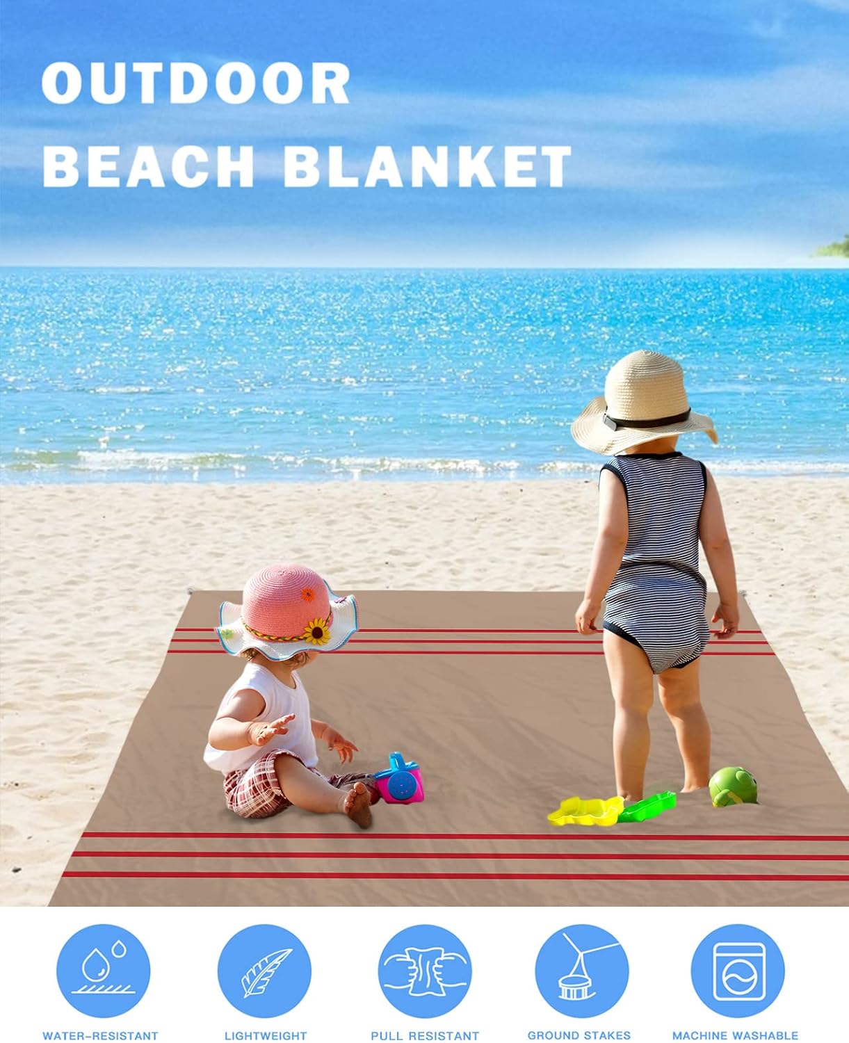 Vintage Red Line Stripes Beach Blanket Waterproof Sandproof Outdoor Picnic Mat 95"x80" Brown Lightweight Large Beaach Blankets with 4 Stake & 4 Corner Pockets