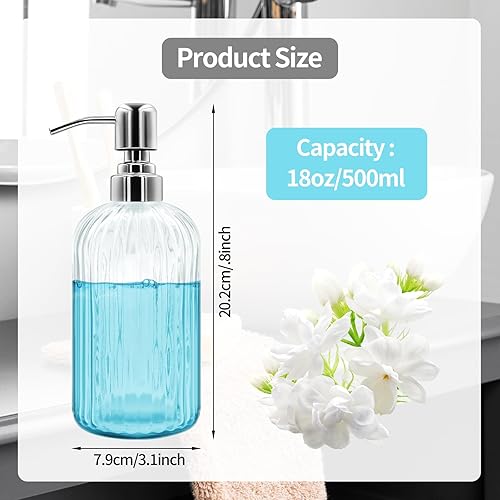 Miniatura 2 de Dispensador de jabón de vidrio de 18 onzas con bomba de acero inoxidable, botella de jabón líquido recargable de diseño moderno acanalado para baño,