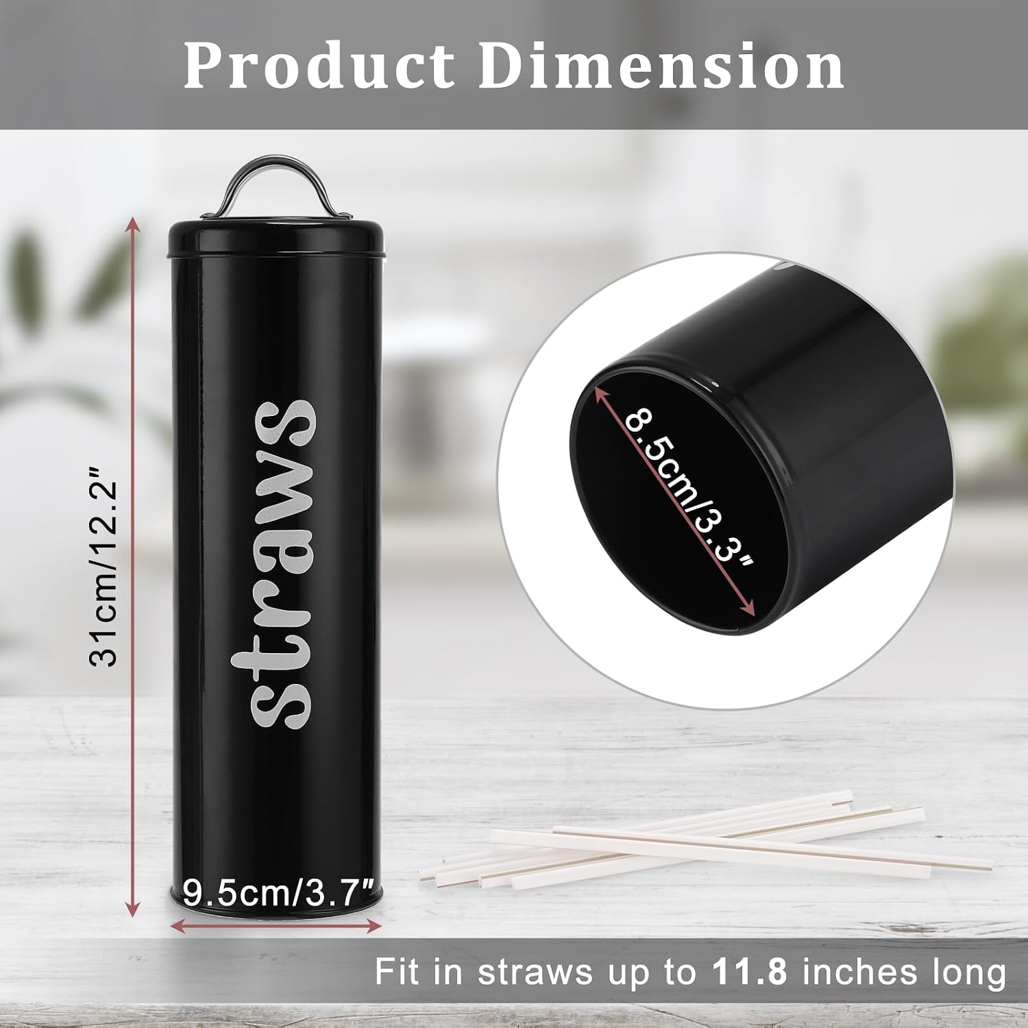 Metal Straw Holder-12 In Tall Drinking Straw Dispenser with Handle Lid