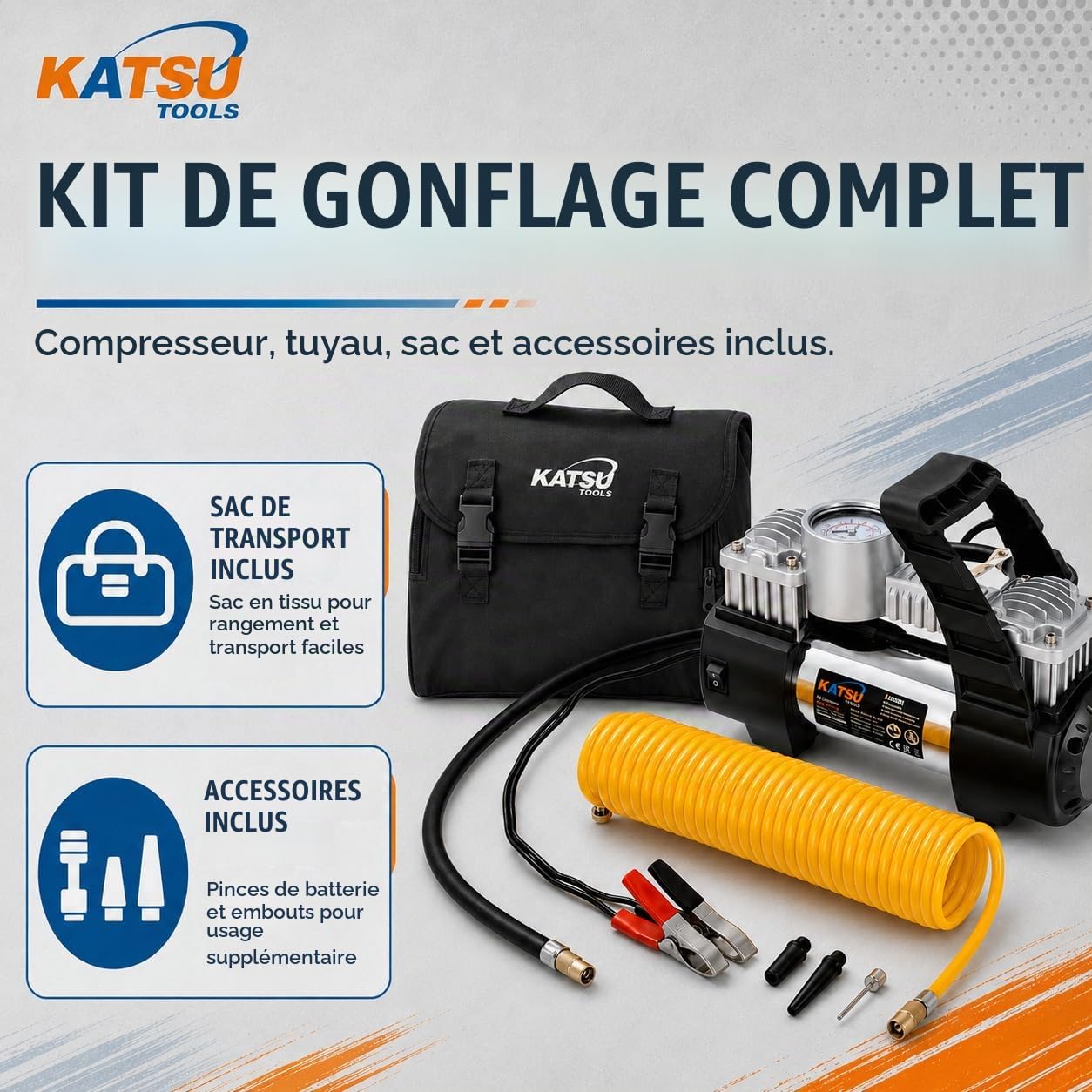 KATSU Gonfleur de Pneu de Voiture, 12V 30Amp Pompe à Pneu de Compresseur d'Air Portable Professionnel à Grand Volume 150PSI avec Double Cylindre pour Autocar Van Trucks Gonflables 451717