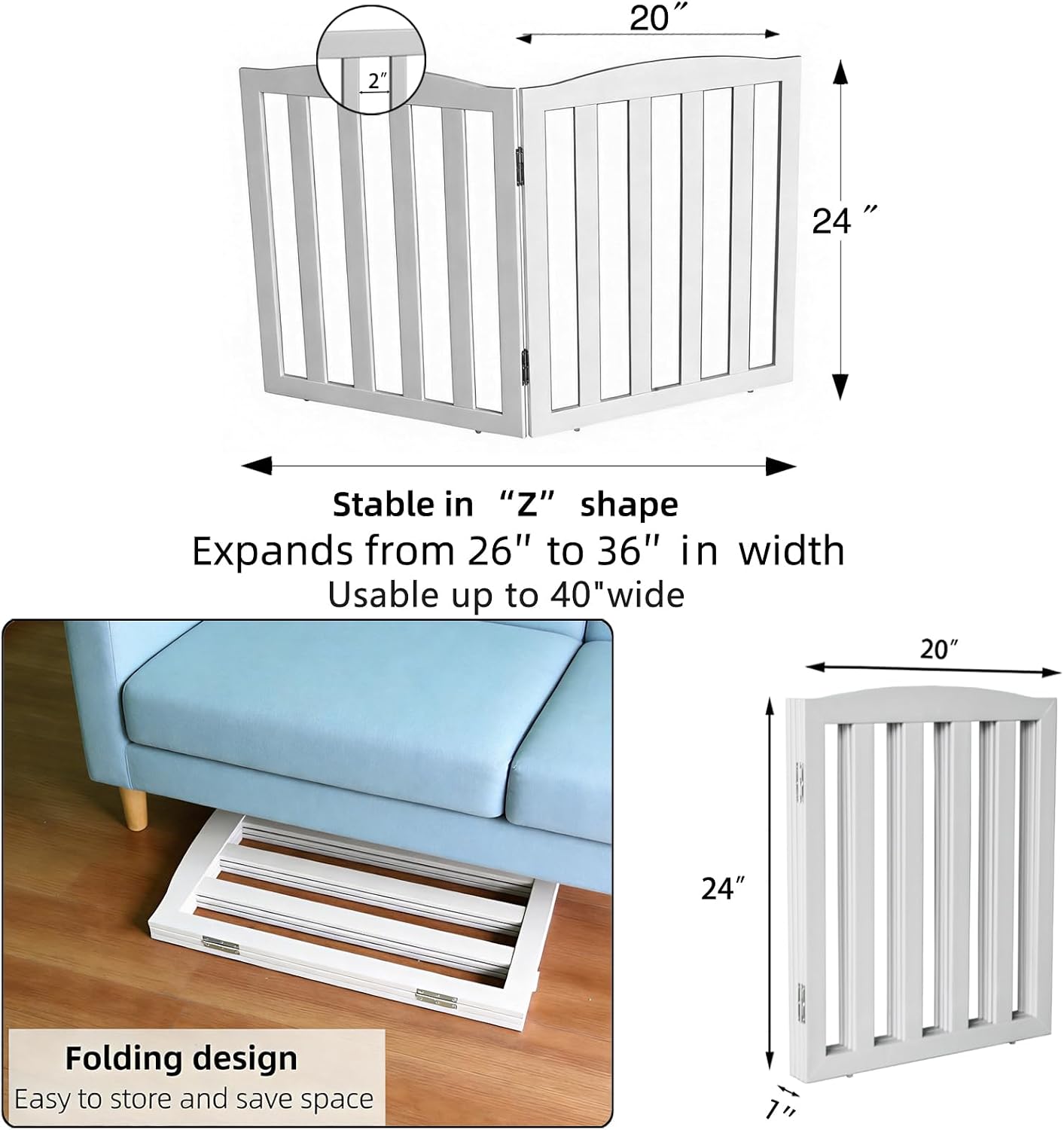 ZJSF Foldable Freestanding Indoor Dog Gate for House Wood White Long Pet Gates Dog Fence for Stairs Puppy Gates for Hallways, Puppy Gate,Support Feet Included, White, 24 "Height-2 Panels