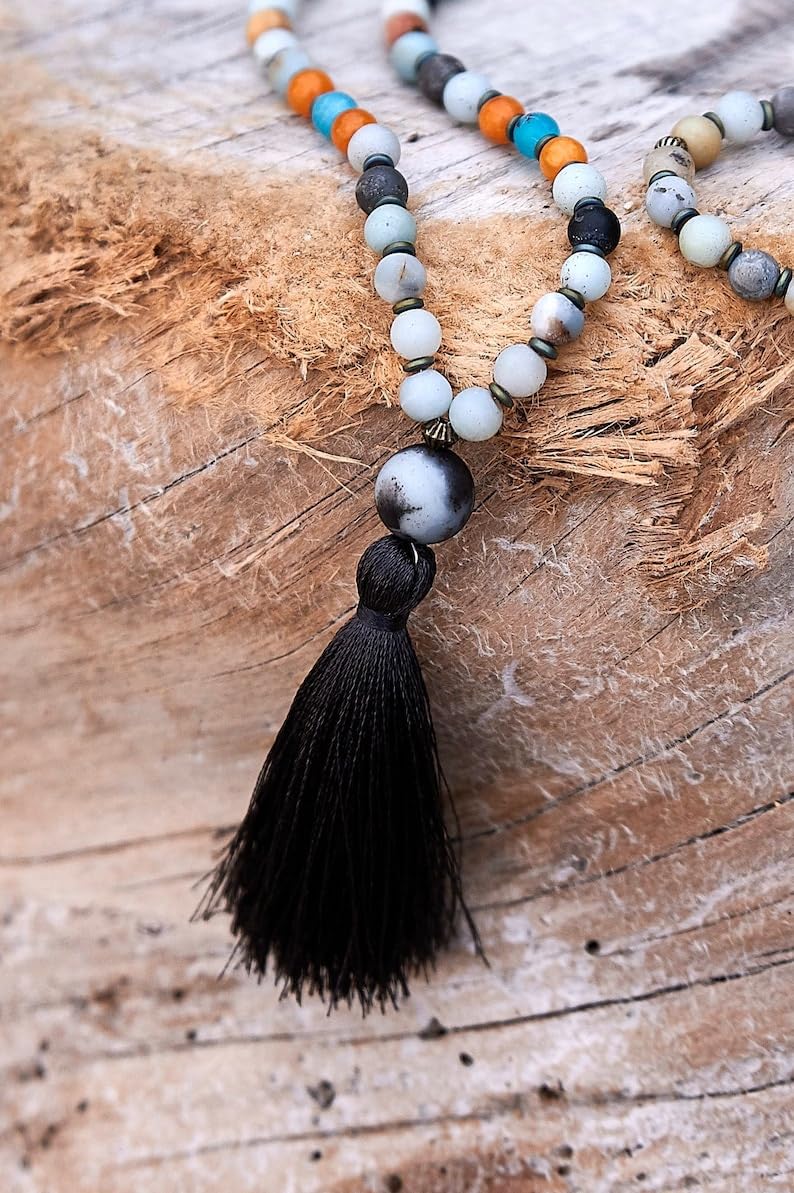 Naturalny amazonit + jadeit + hematyt 6 mm 108 koralików mala, duchowe, koraliki do medytacji, Reiki, Japa Mala, buddyjskie koraliki modlitewne, bransoletka do jogi, koraliki lecznicze