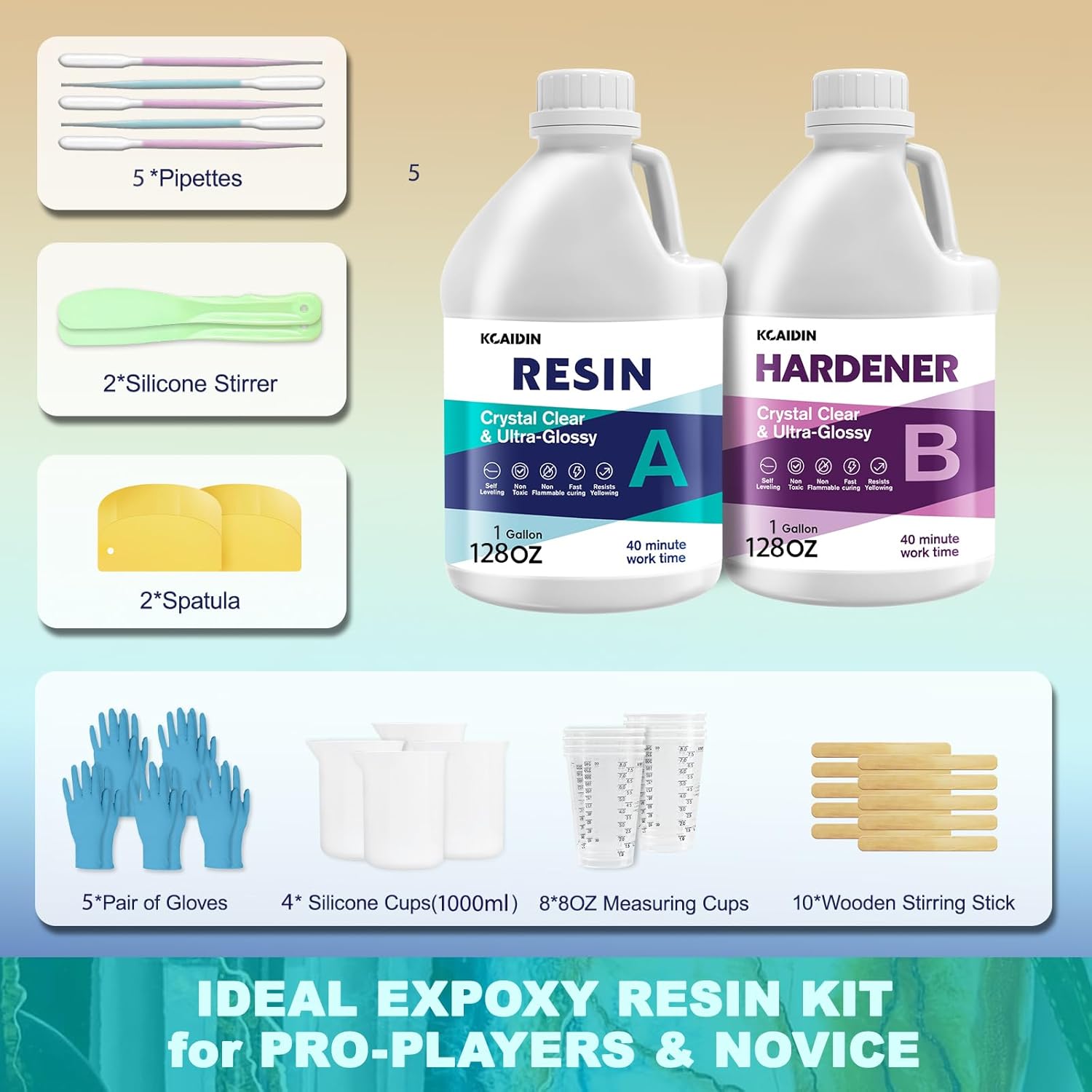 Epoxy Resin 2 Gallon, Crystal Clear Self-Leveling Bubbles Free Resin and Hardener Kit for Art DIY, Molds,Tables Tops & Countertops, Easy 1:1 Mix，DIY Crafts