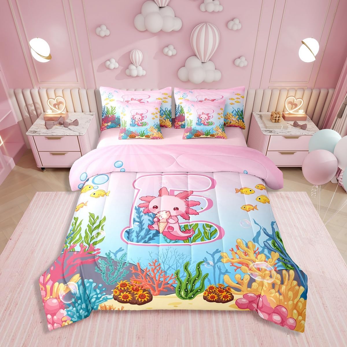 Erosebridal Pink Kawaii Axolotl Queen Comforter Set 7 Piece for Girls,Cute Cartoon Initial Letter E Bedding Set for Kids Teen Adults,Ocean Animal Salamander Bed in A Bag with Sheets Pink Blue Bed Set
