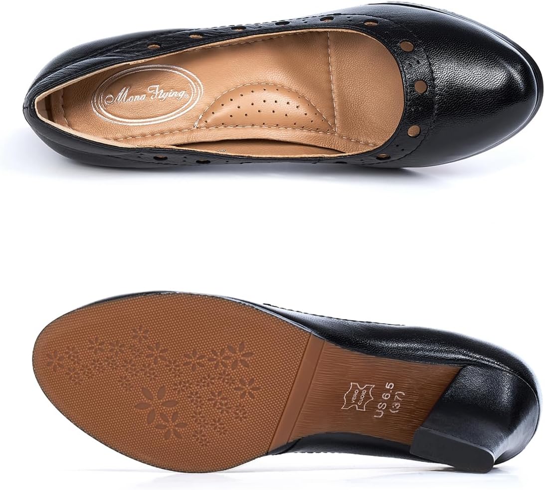 Mona flying Women's Leather Closed Round Toe 3 inch Chunky High Heel Pumps Office Work Dress Shoes for Ladies - Image 5