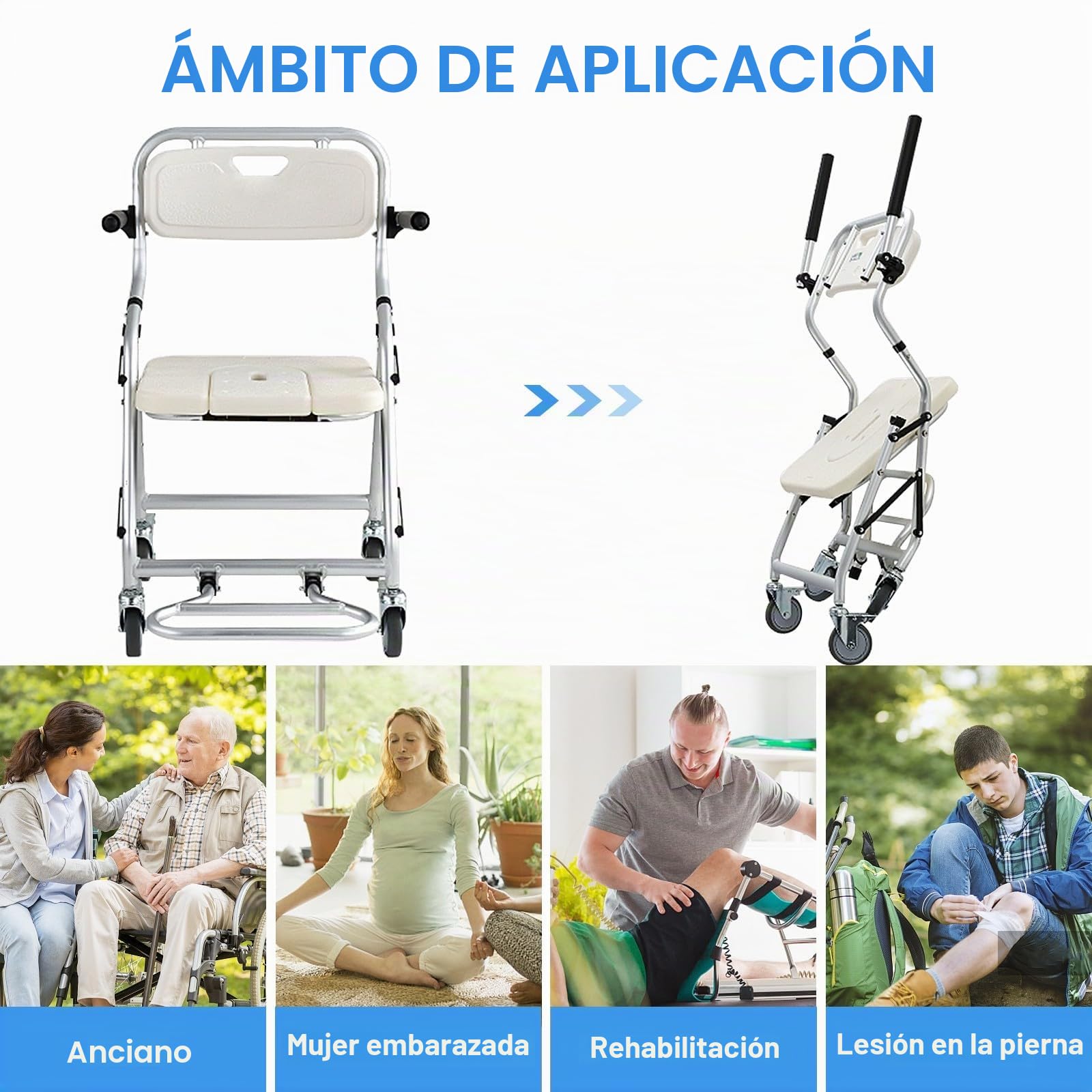 Silla Ducha Personas Mayores, Sillas de Ruedas para Ducha, Blanco | Silla para WC y Ducha con Pedales Antideslizantes, Silla Baño Ancianos Ducha con Cojín de Asiento Suave, 4 Ruedas con Frenos