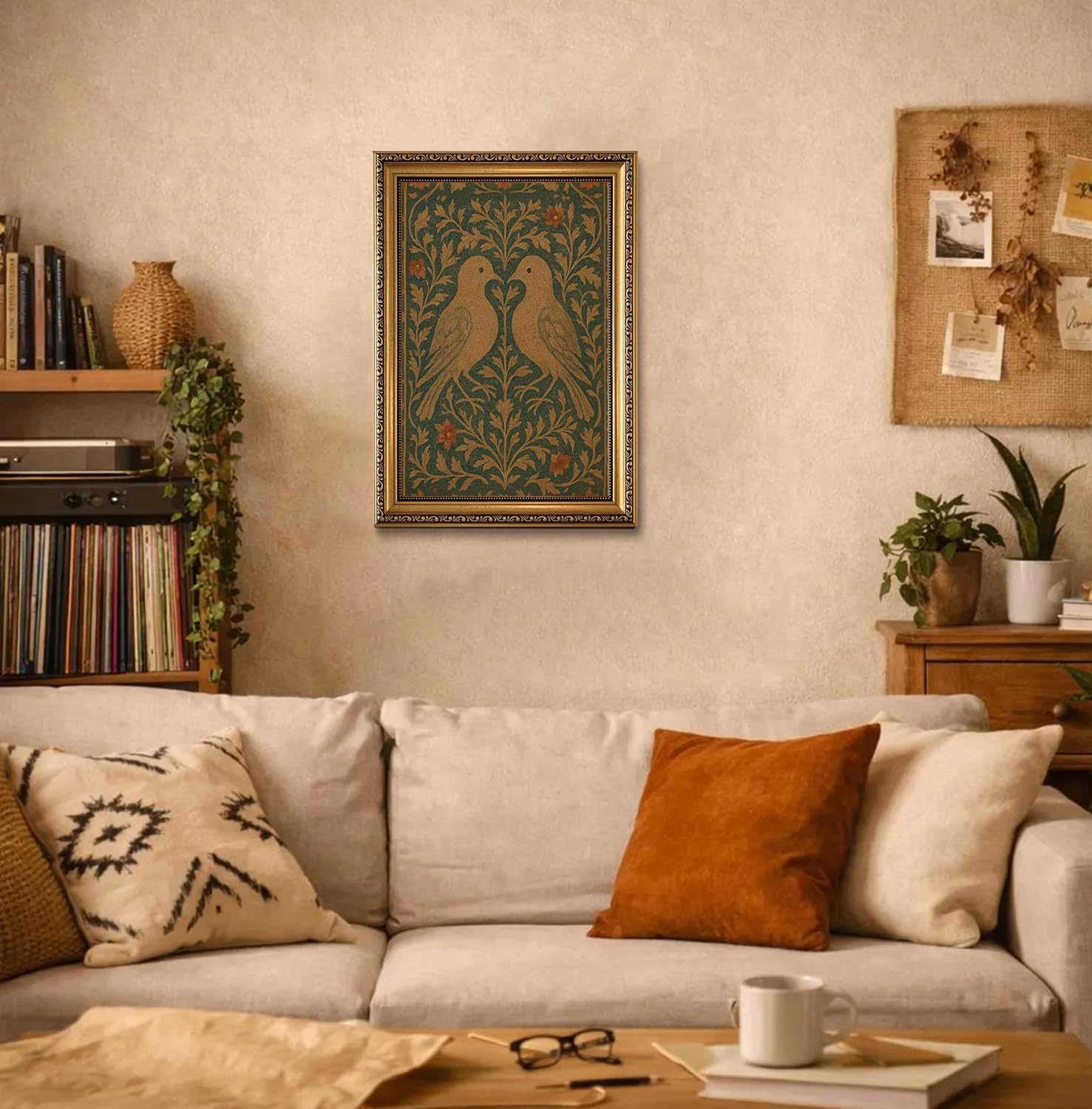 Gold Framed Wall Art Vintage Lovebirds Canvas Wall Art Cottagecore Botanical Prints Rustic Folk Hummingbird Pictures Antique William Morris Birds Decor for Living Room Bedroom, 16x24