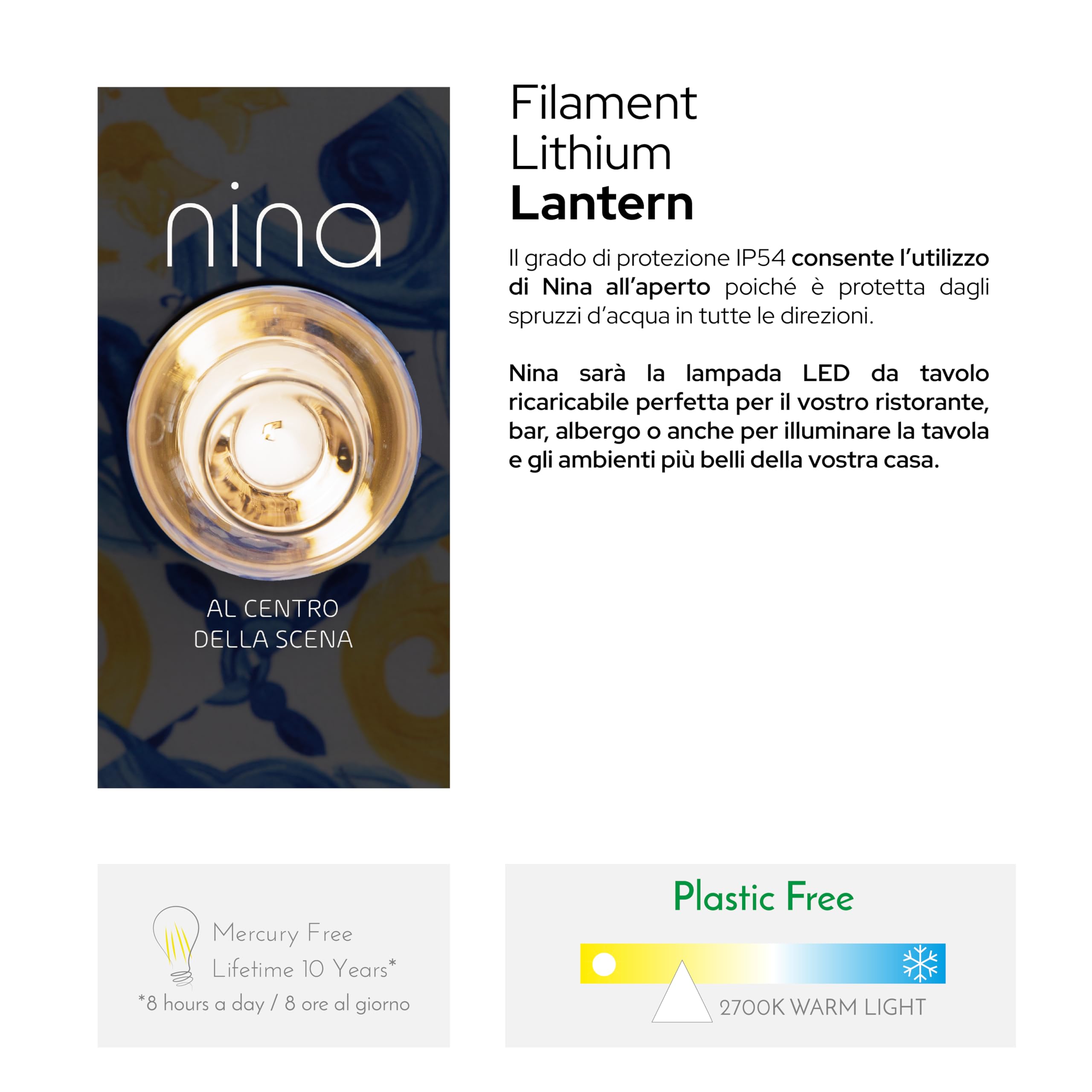 Lampada Da Tavolo Nina Ricaricabile, Dimmerabile Senza Fili, Base Ottone, Vetro Smerigliato, 3 Livelli Di Luce, Fino A 80 Ore Autonomia, IP54
