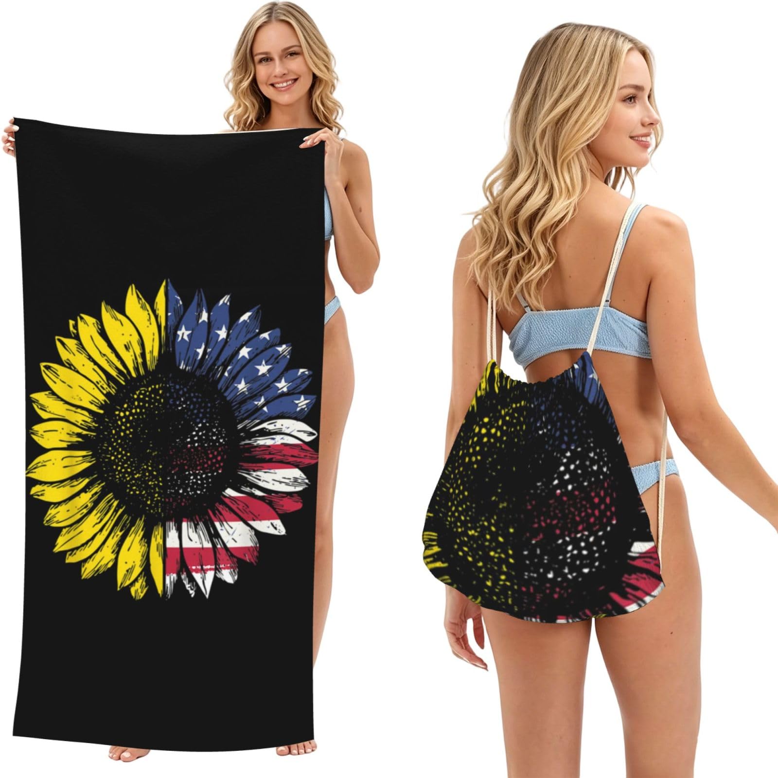 WSHFFILO Sunflower American Flag printed 2 in 1 Packable Towel Bag Bath Towel Beach Towel