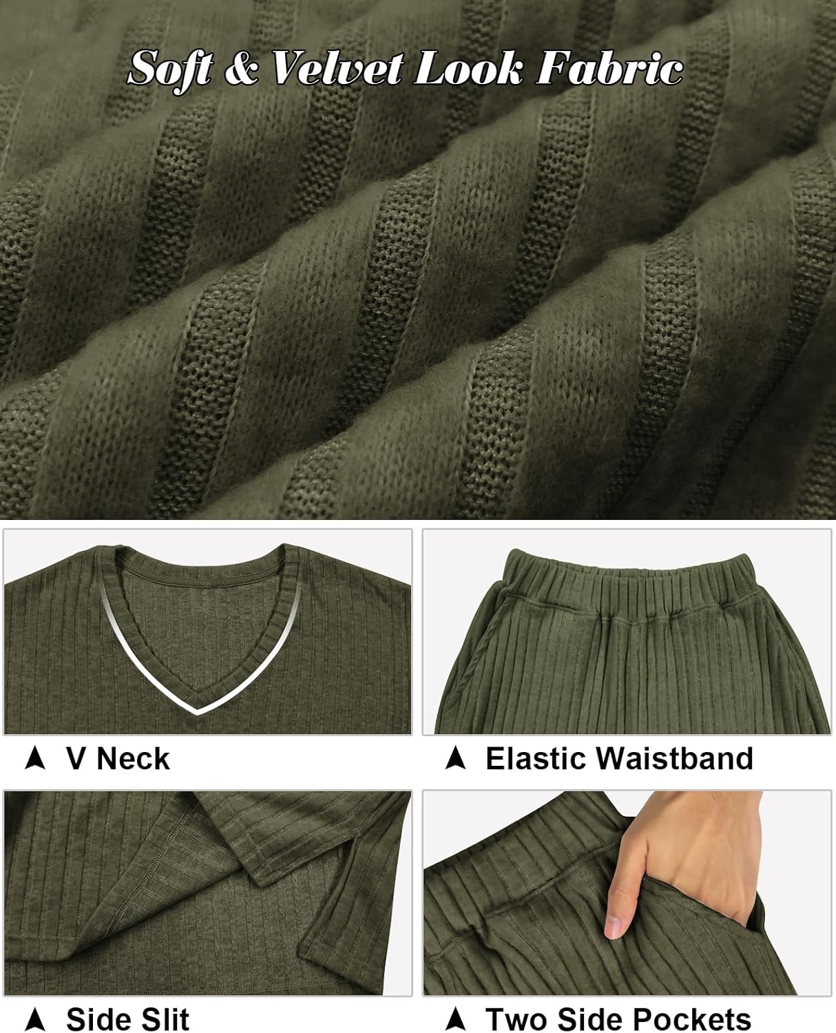 LEYSHE Lounge Sets for Women 2 Piece Ribbed Knit V Neck Long Sleeve Wide Leg Pants Loungewear Pajamas Fall Winter Outfits - Image 5