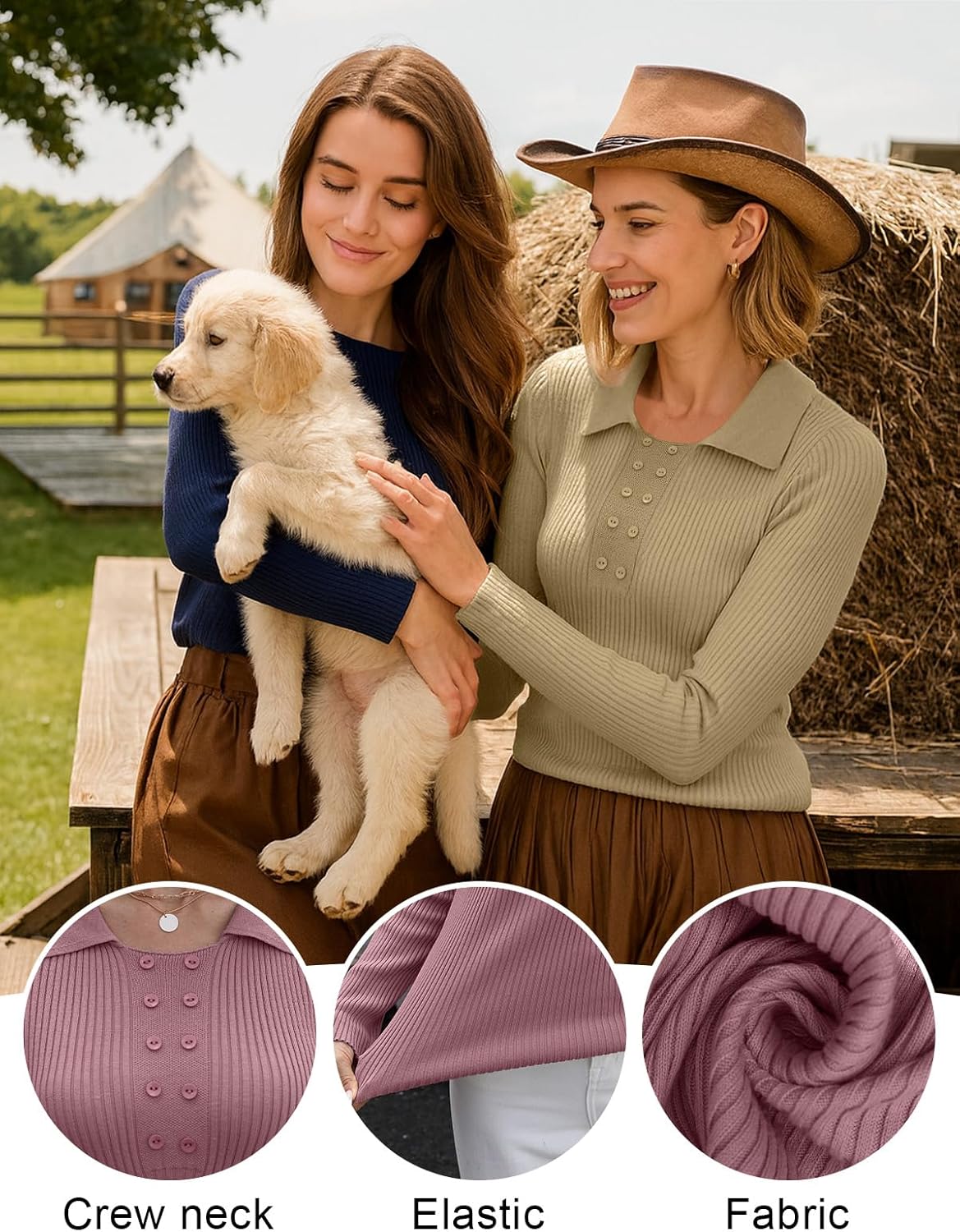 Ninee Womens Long Sleeve Pullover Sweaters Casual Lapel Crew Neck Button Down Tops Trendy Fall Knit Slim Fit Shirts - Image 3