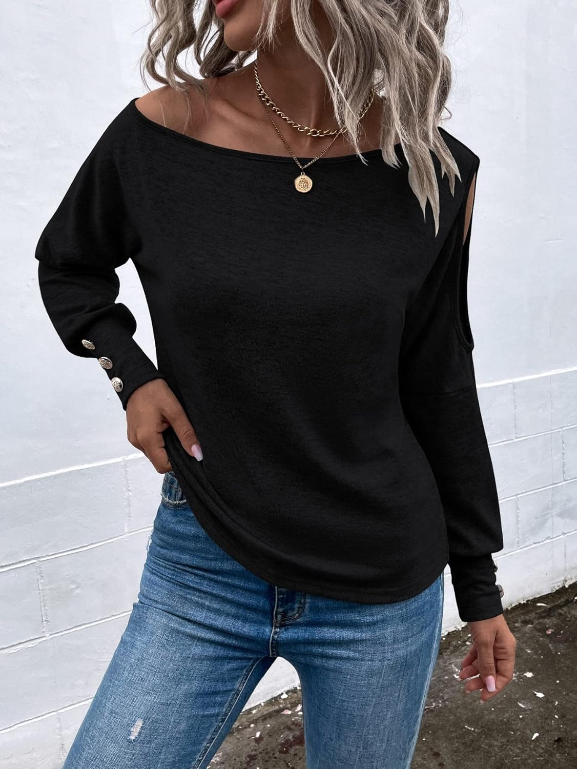 SweatyRocks Women's Cut Out Lantern Long Sleeve Tee Top Off Shoulder Plain Casual Holiday Spring Autumn Shirts - Image 6