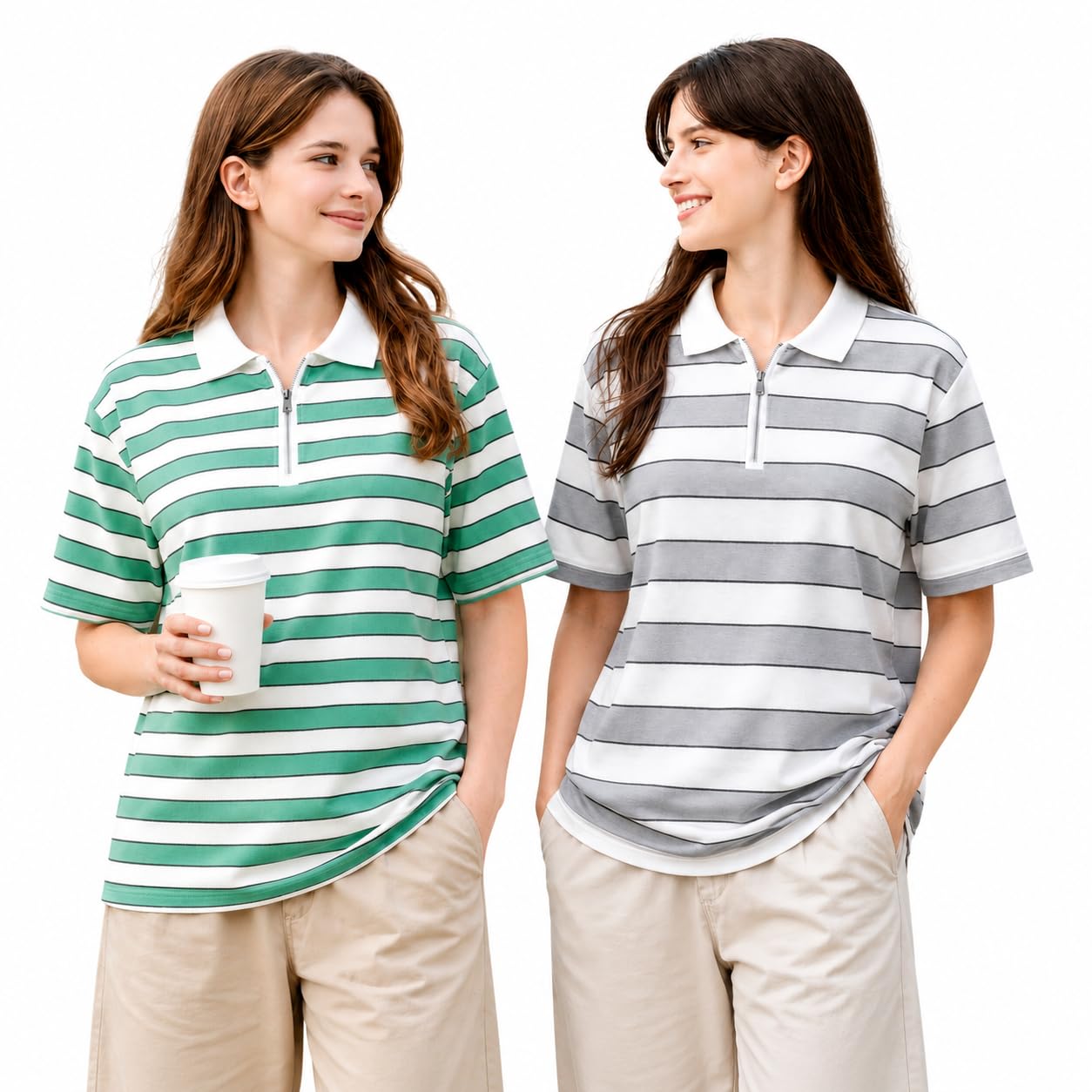 mack jonney Women's Regular Fit Striped Half Zip Polo T-Shirt | Cotton Blend | Collared Neck | Half Sleeve Casual Top (Pack of 2)-MJ-477-picture-32