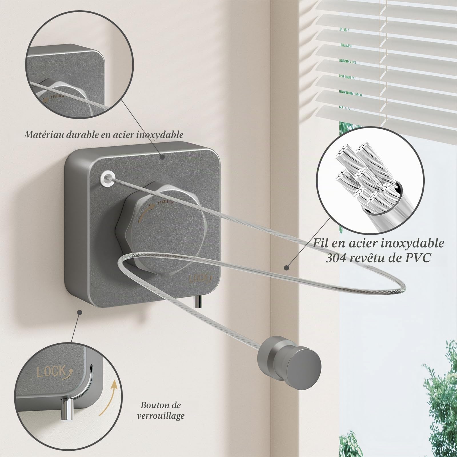 Séchoir Extensible INOX 4,2m - Anti-Affaissement & Auto-Rétractable - Support 20kg - Installation Murale (Salle de Bain/Balcon/Buanderie) -Gris