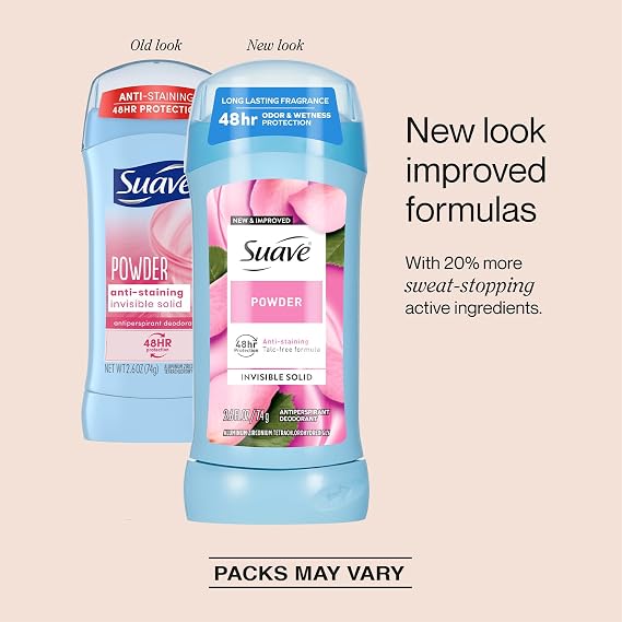 Suave Antiperspirant Deodorant for Women, Powder, 4-Pack Anti-Staining Invisible Solid, Talc-Free, 2.6 Oz Ea