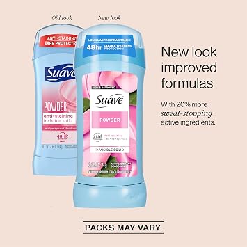 Suave Antiperspirant Deodorant for Women, Powder, 4-Pack Anti-Staining Invisible Solid, Talc-Free, 2.6 Oz Ea