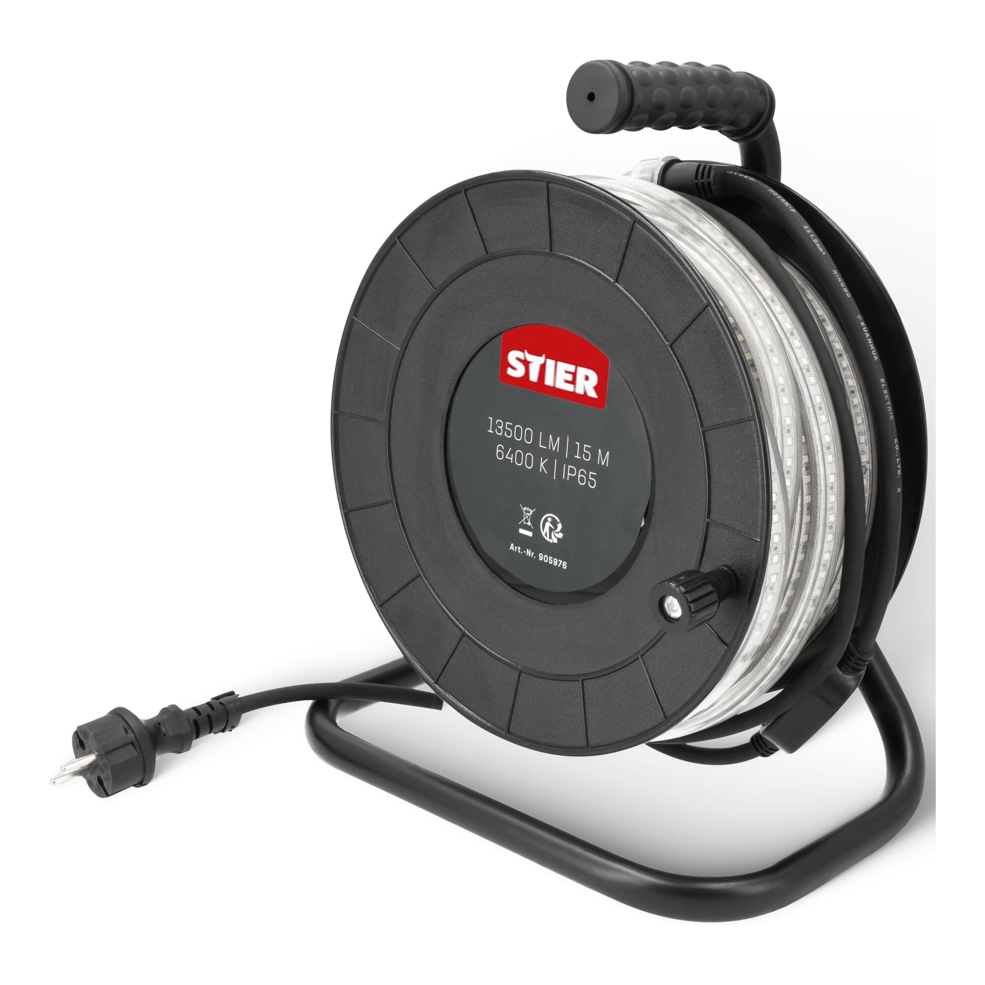 STIER LED Streifen Baustrahler, 15m, 13.500lm, 6400k, 900lm/m, erweiterbar auf 75m, direkt Anschluss, LED Strip, PVC, Schutzart IP65, mit praktischen Standfüßen und Handgriff